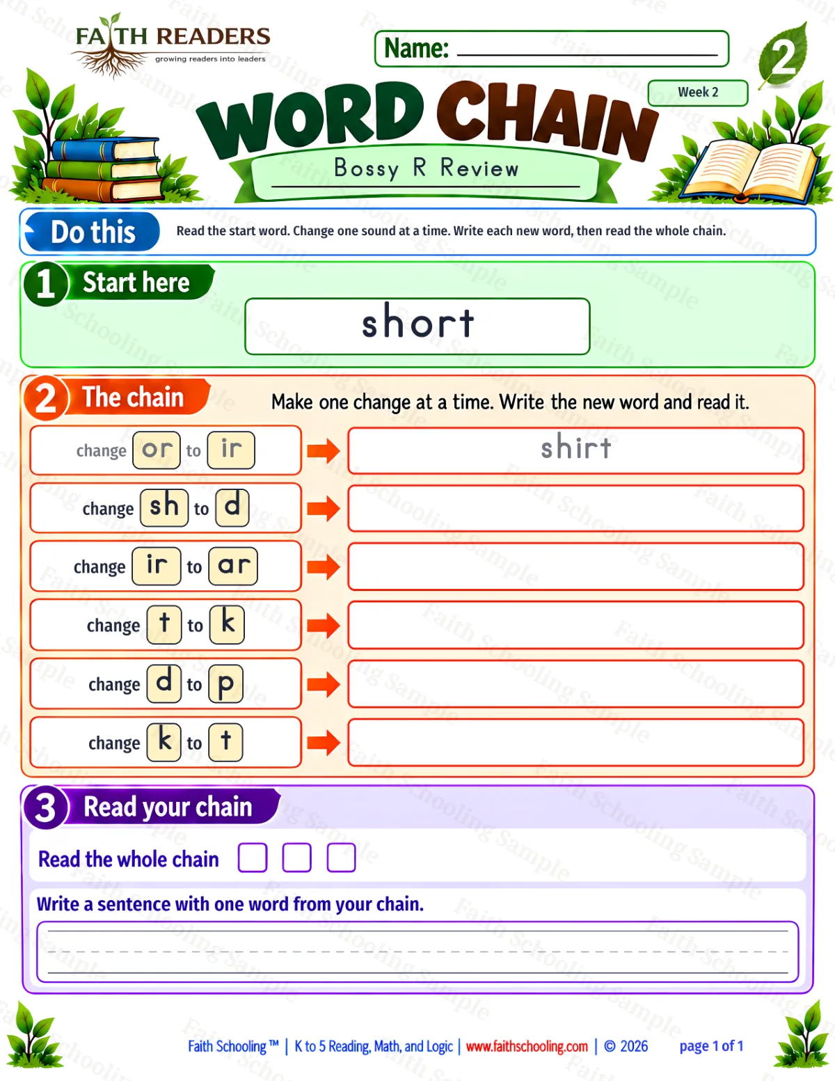 2nd Grade phonics worksheet — Bossy R Review. Word Chain 1: short to part (free printable)