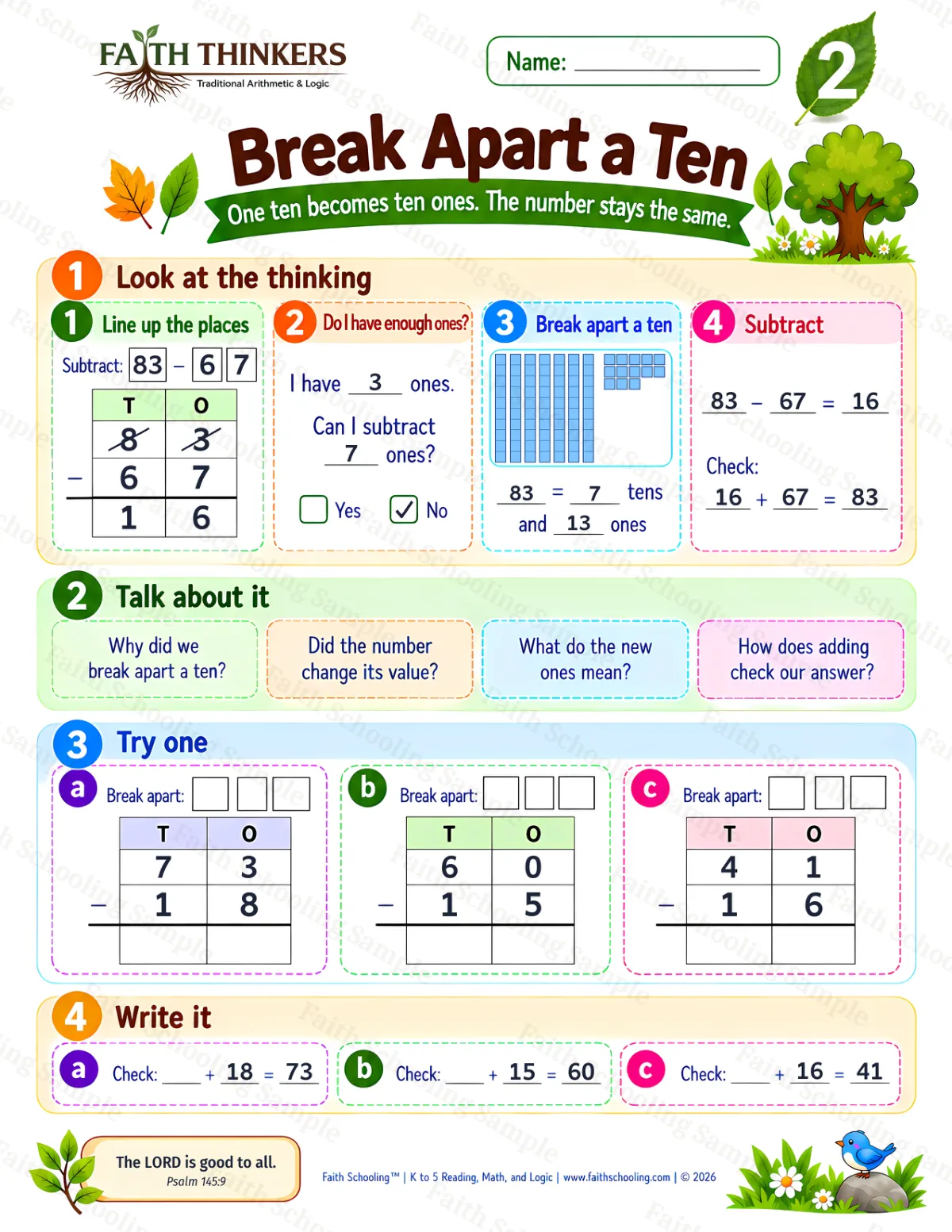 2nd Grade math worksheet — Break Apart A Ten Practice 3 (free printable)