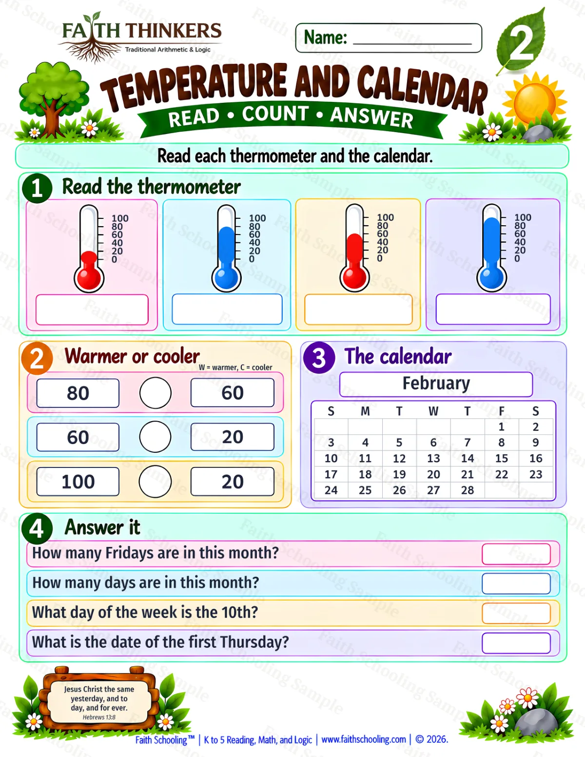 2nd Grade math worksheet — Calendar and Temperature Practice 2 (free printable)
