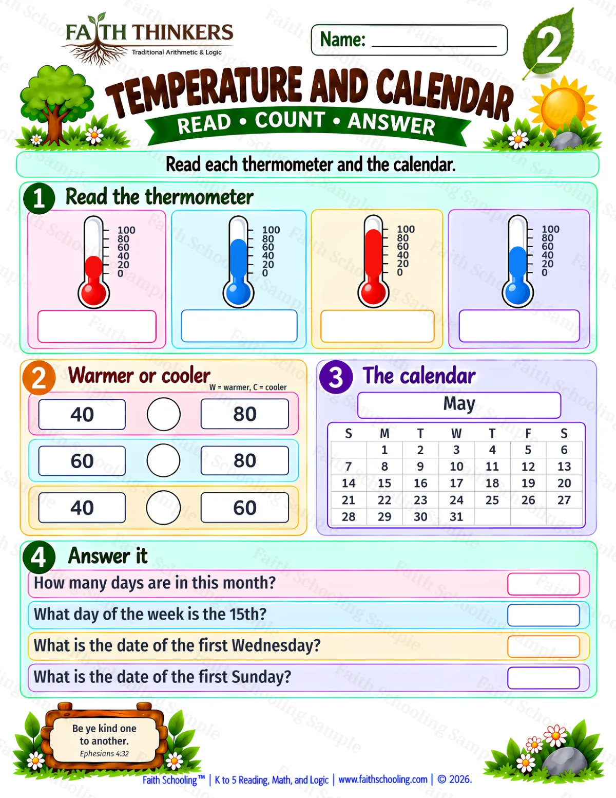 2nd Grade math worksheet — Calendar and Temperature Practice 3 (free printable)