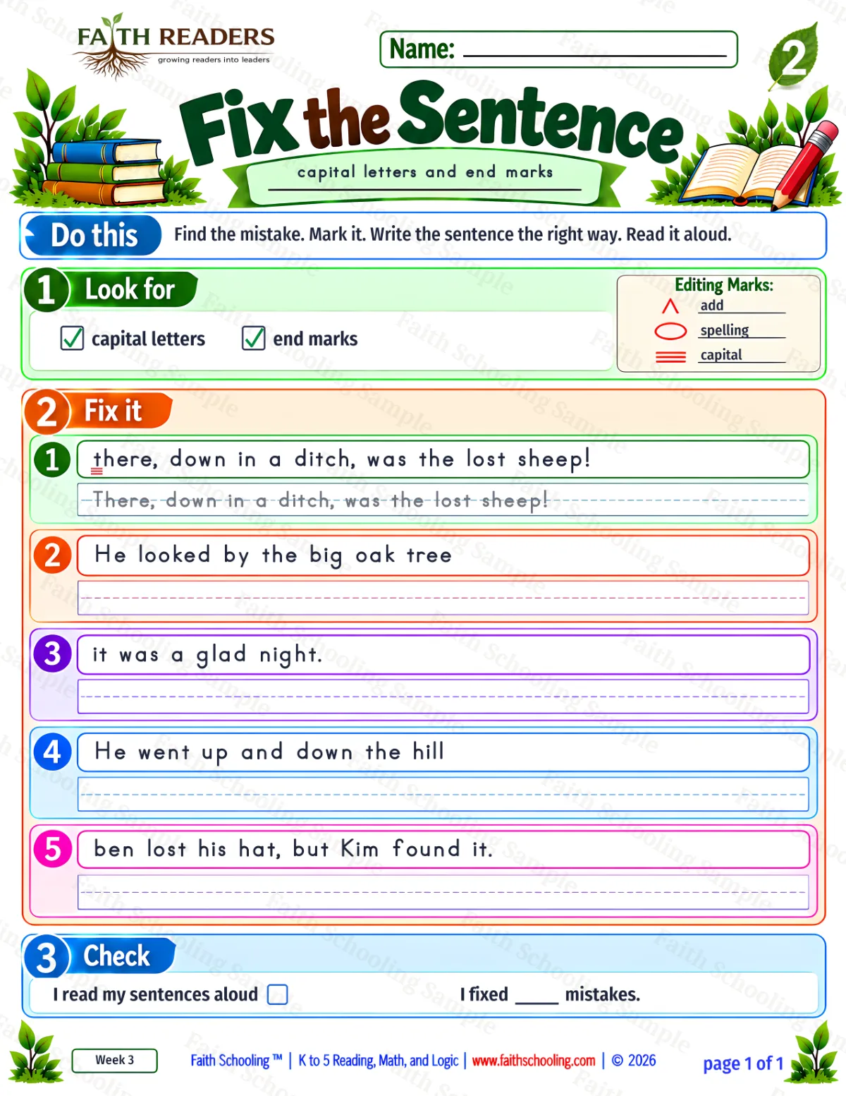 2nd Grade grammar & writing worksheet — Capitalization and Punctuation. Fix The Sentence 3: capital letters and end marks (free printable)