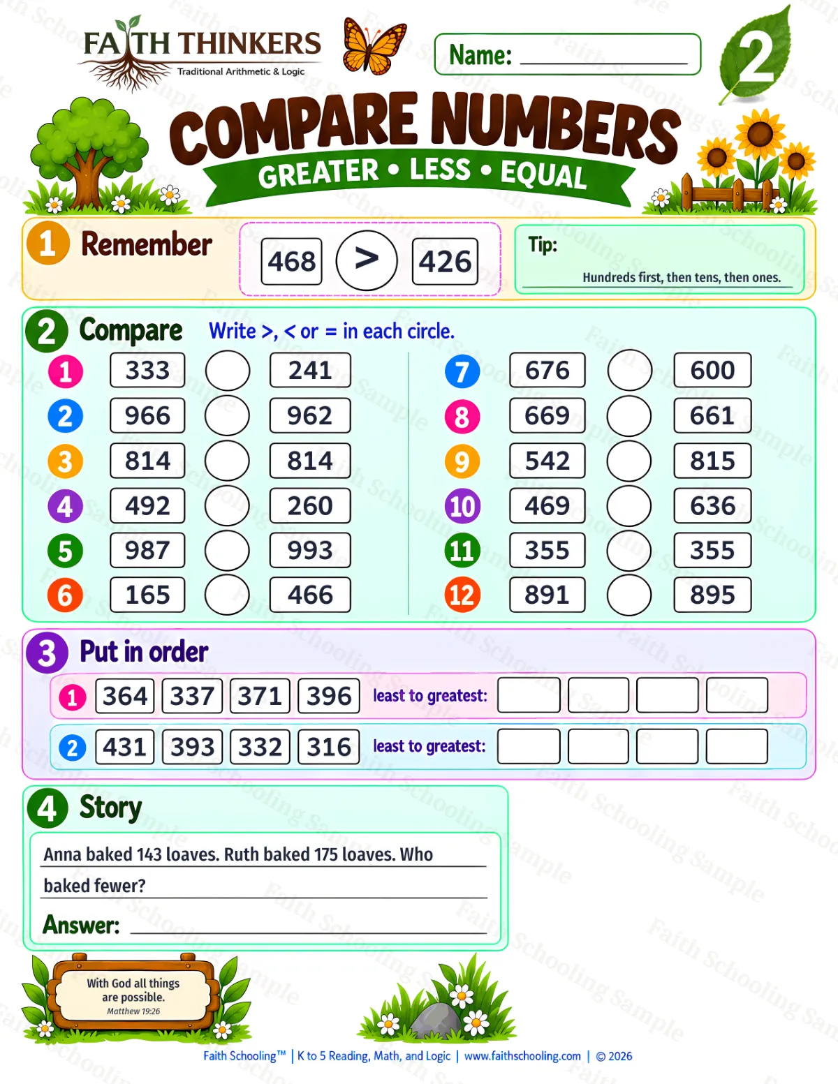 2nd Grade math worksheet — Comparing Numbers Practice 1 (free printable)