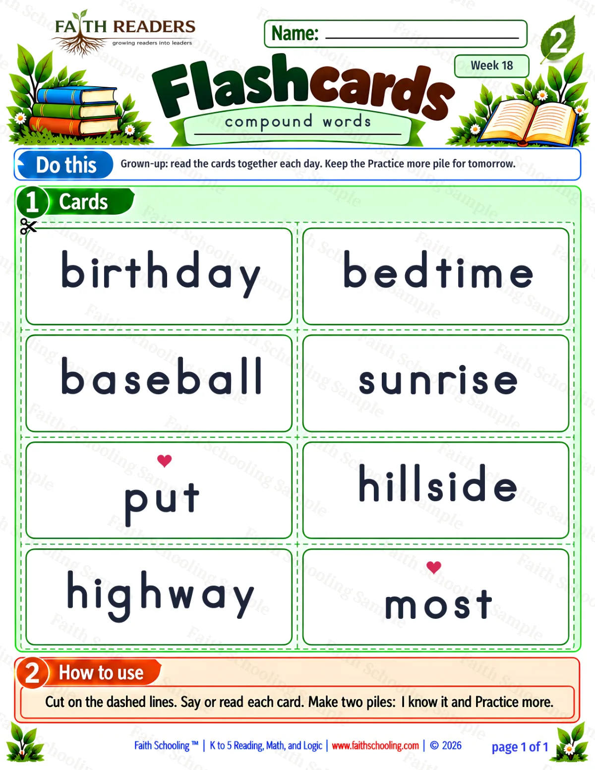 2nd Grade vocabulary & word study worksheet — Compound Words. Flashcards 1: baseball, hillside, sunrise and highway (free printable)