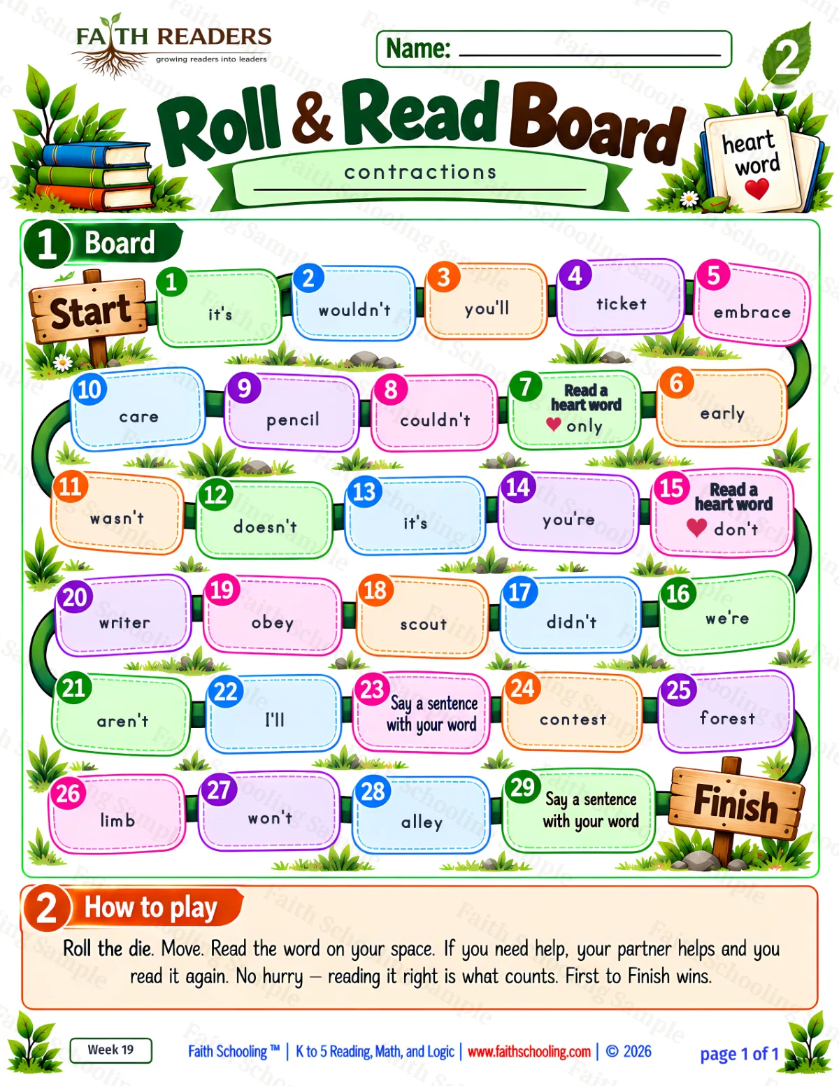 2nd Grade vocabulary & word study worksheet — Contractions. Roll And Read 1: it's, we're, doesn't and won't (free printable)
