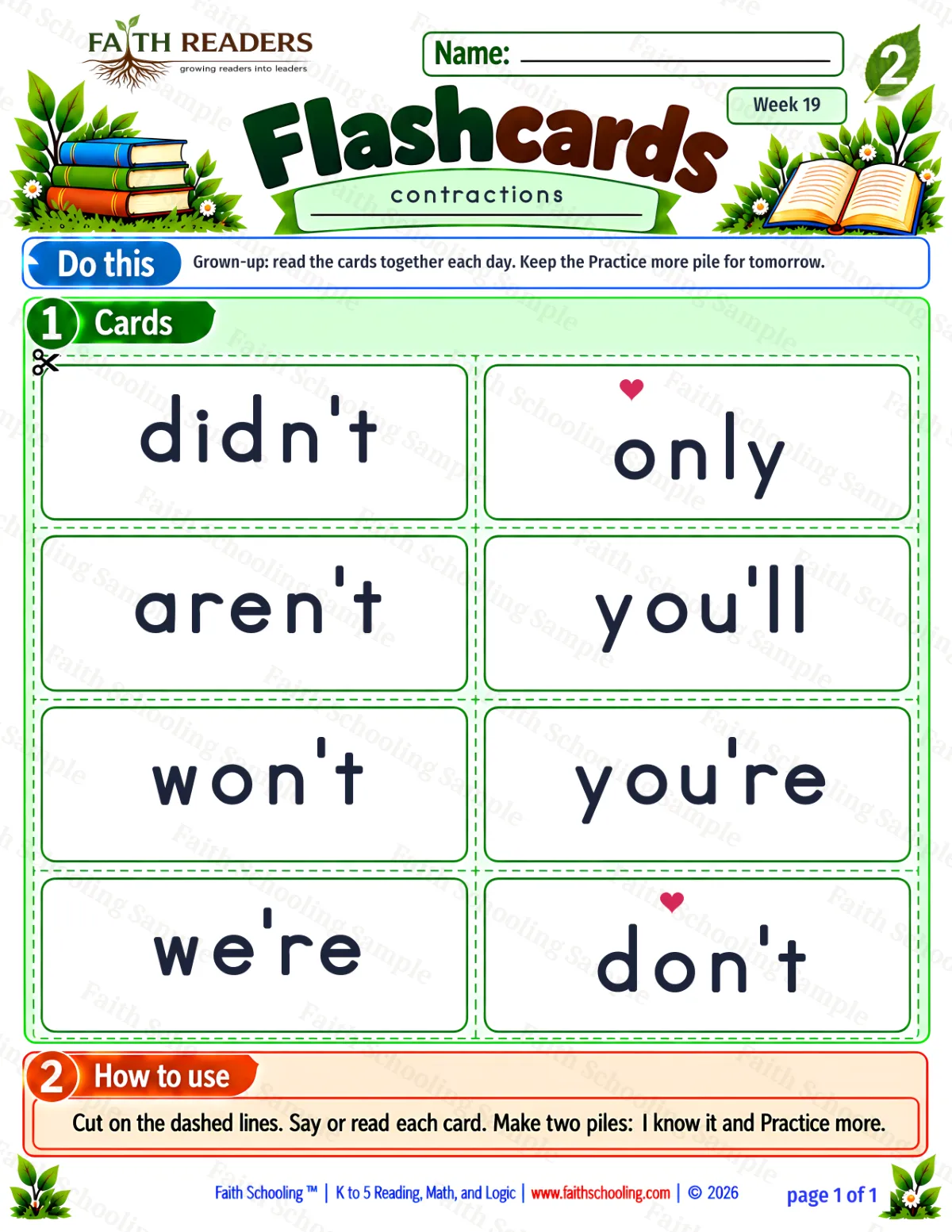 2nd Grade vocabulary & word study worksheet — Contractions. Flashcards 1: didn't, won't, we're and you're (free printable)