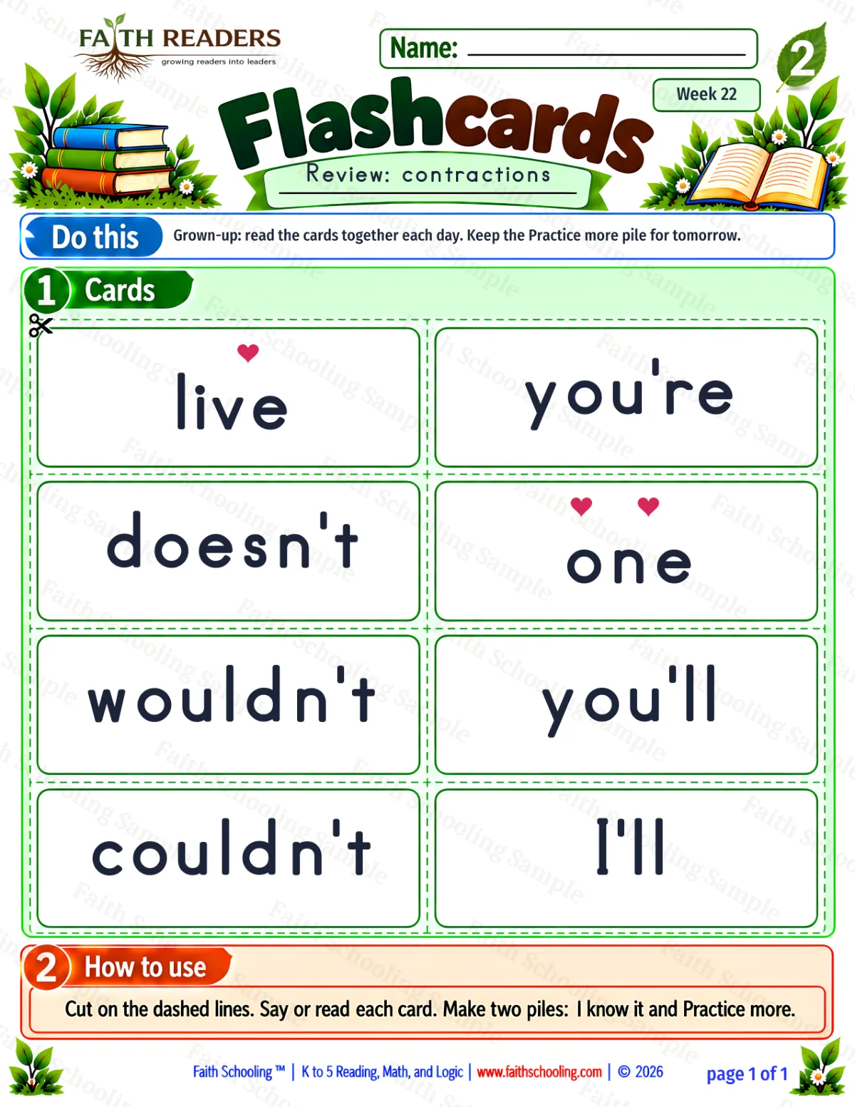 2nd Grade vocabulary & word study worksheet — Contractions. Flashcards 2: wouldn't, i'll, you'll and doesn't (free printable)