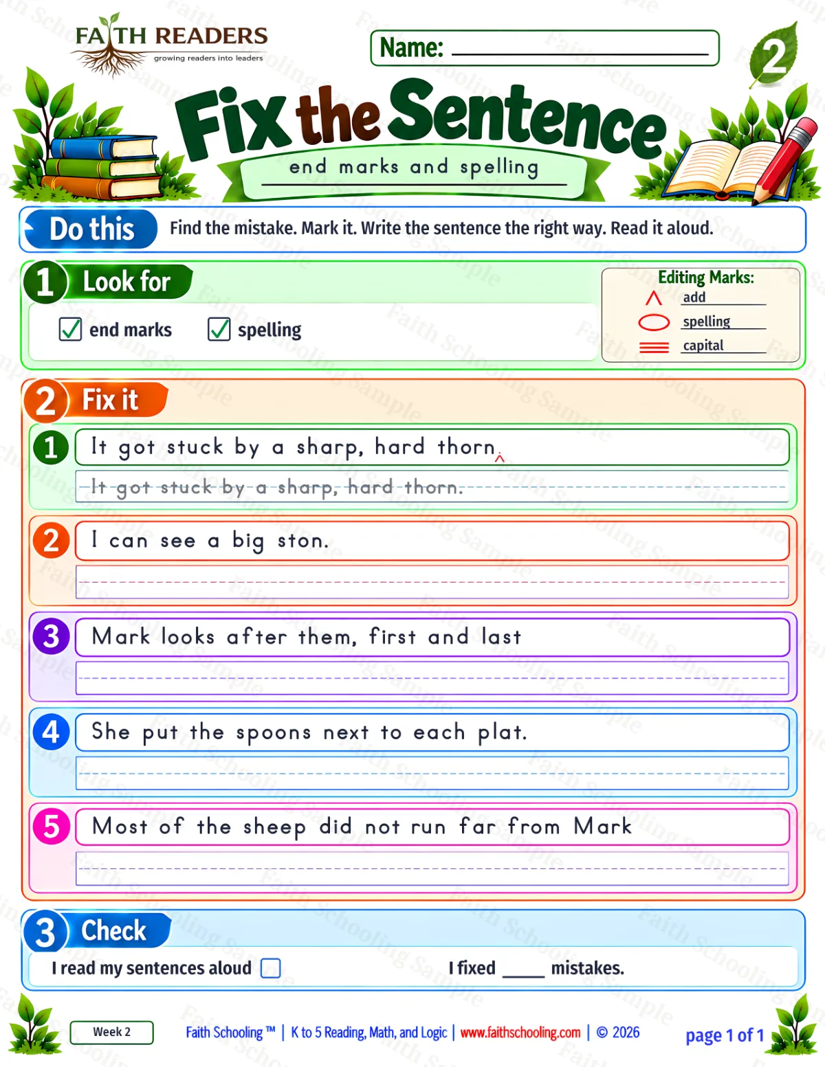 2nd Grade grammar & writing worksheet — Edit and Repair. Fix The Sentence 3: end marks and spelling (free printable)