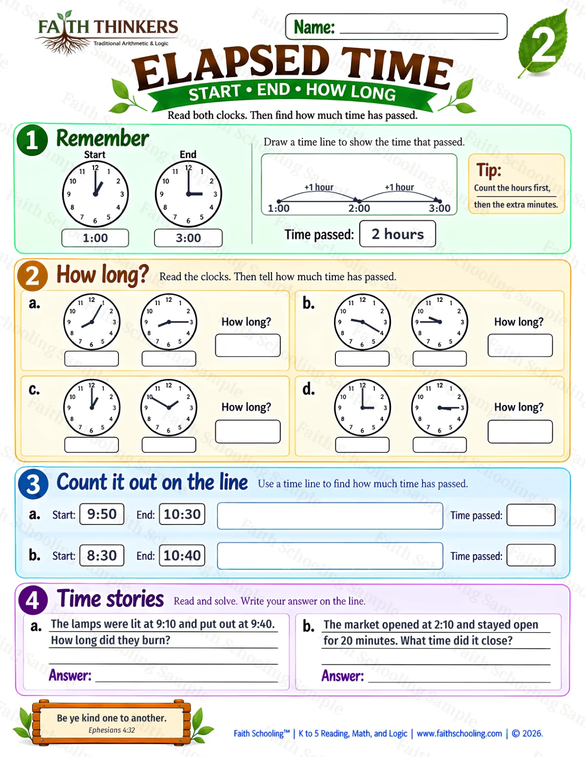 2nd Grade math worksheet — Elapsed Time Practice 1 (free printable)