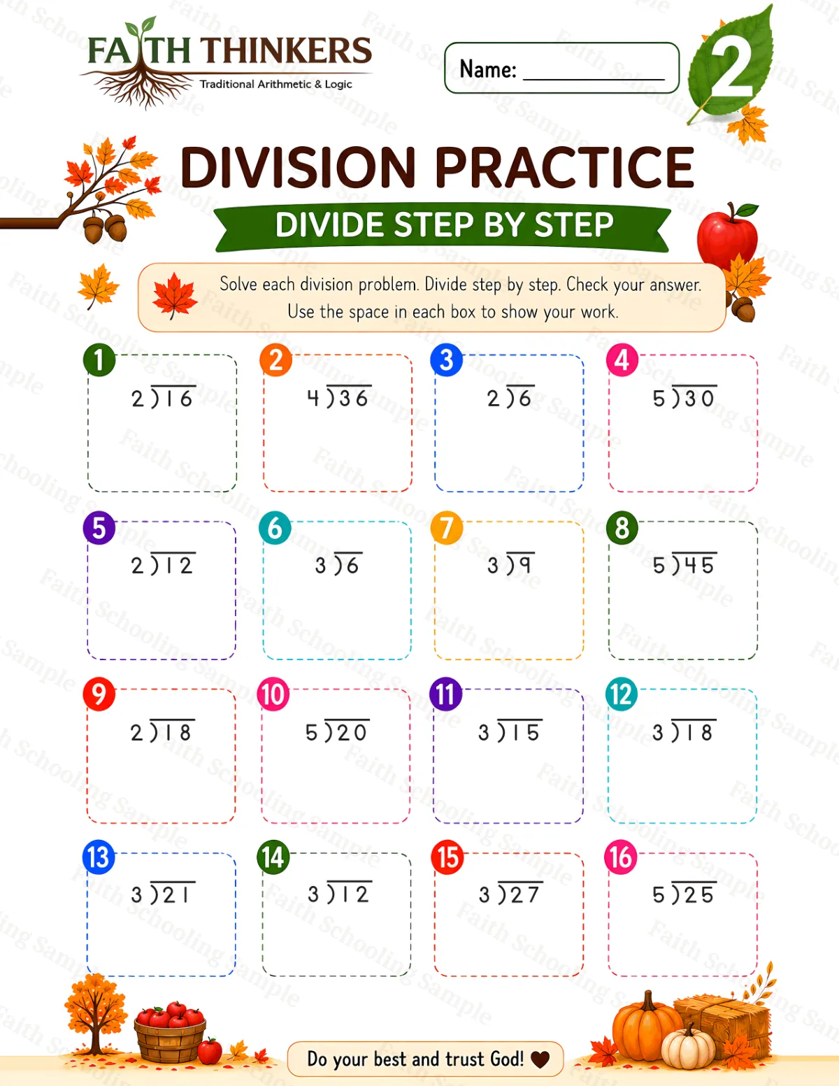 2nd Grade math worksheet — Fall Division Practice 3 (free printable)