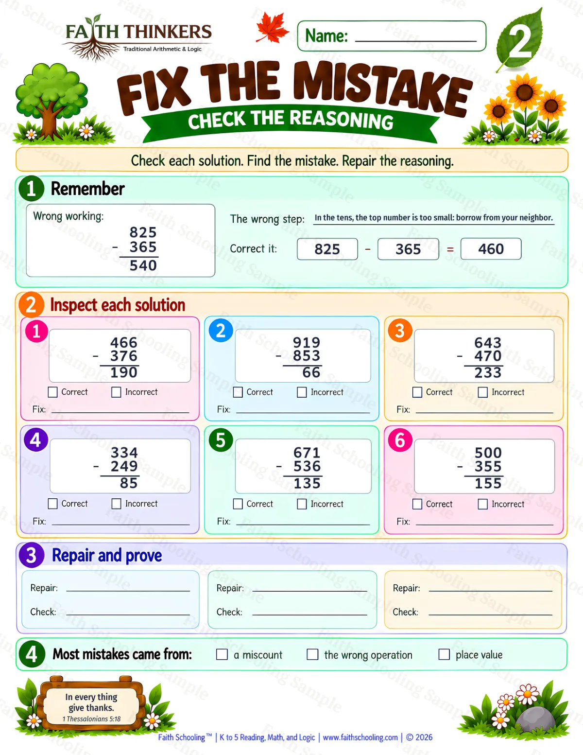 2nd Grade math worksheet — Fix The Mistake Practice 1 (free printable)