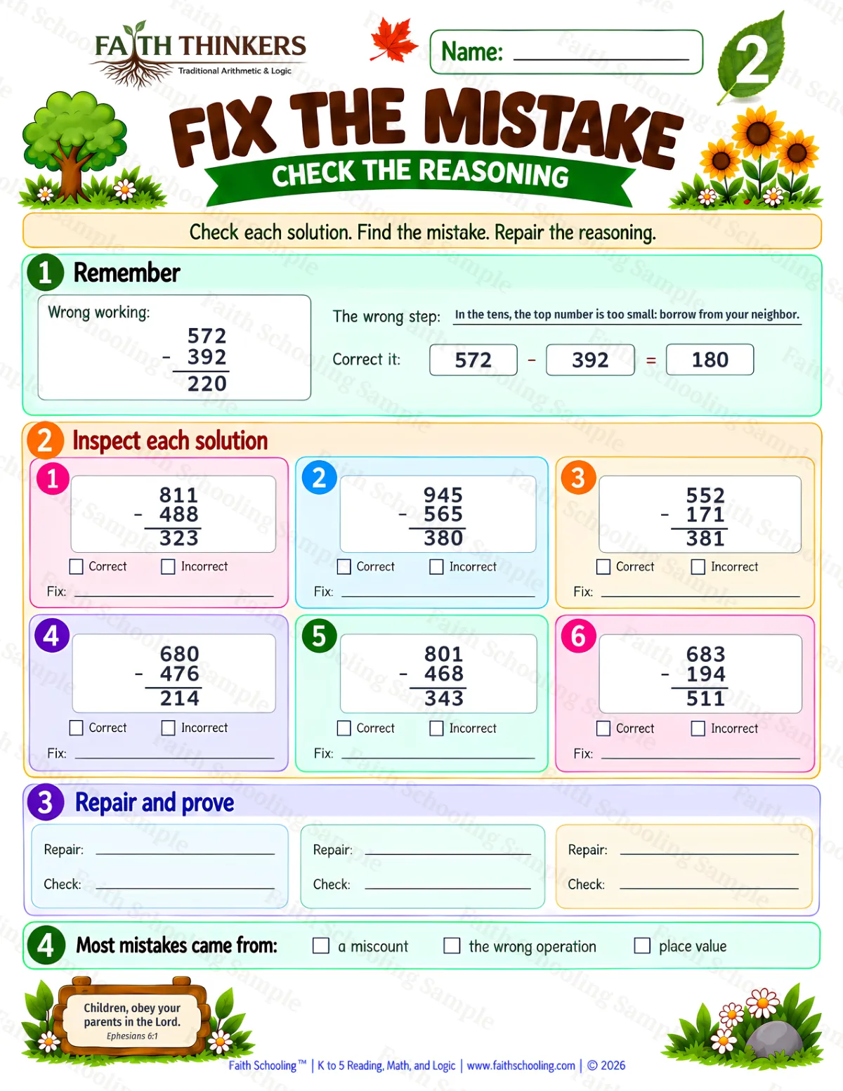 2nd Grade math worksheet — Fix The Mistake Practice 3 (free printable)