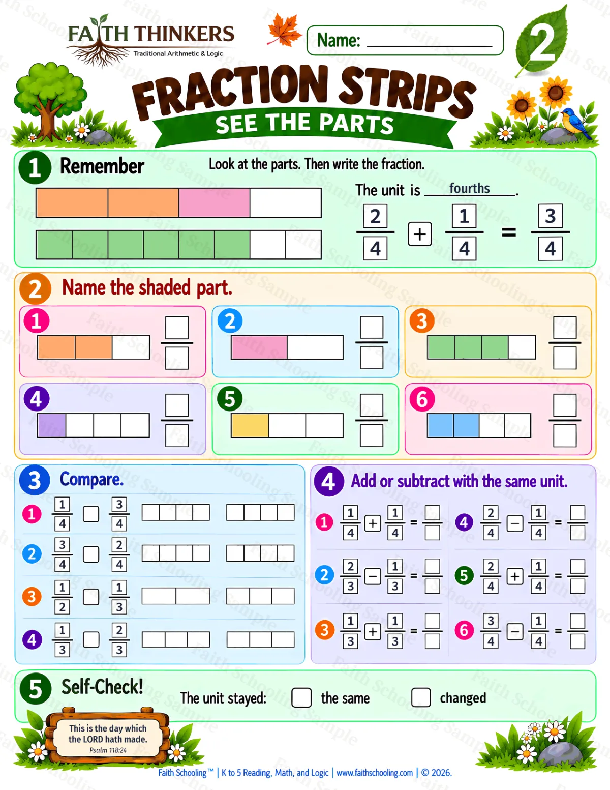 2nd Grade math worksheet — Fractions Practice 1 (free printable)