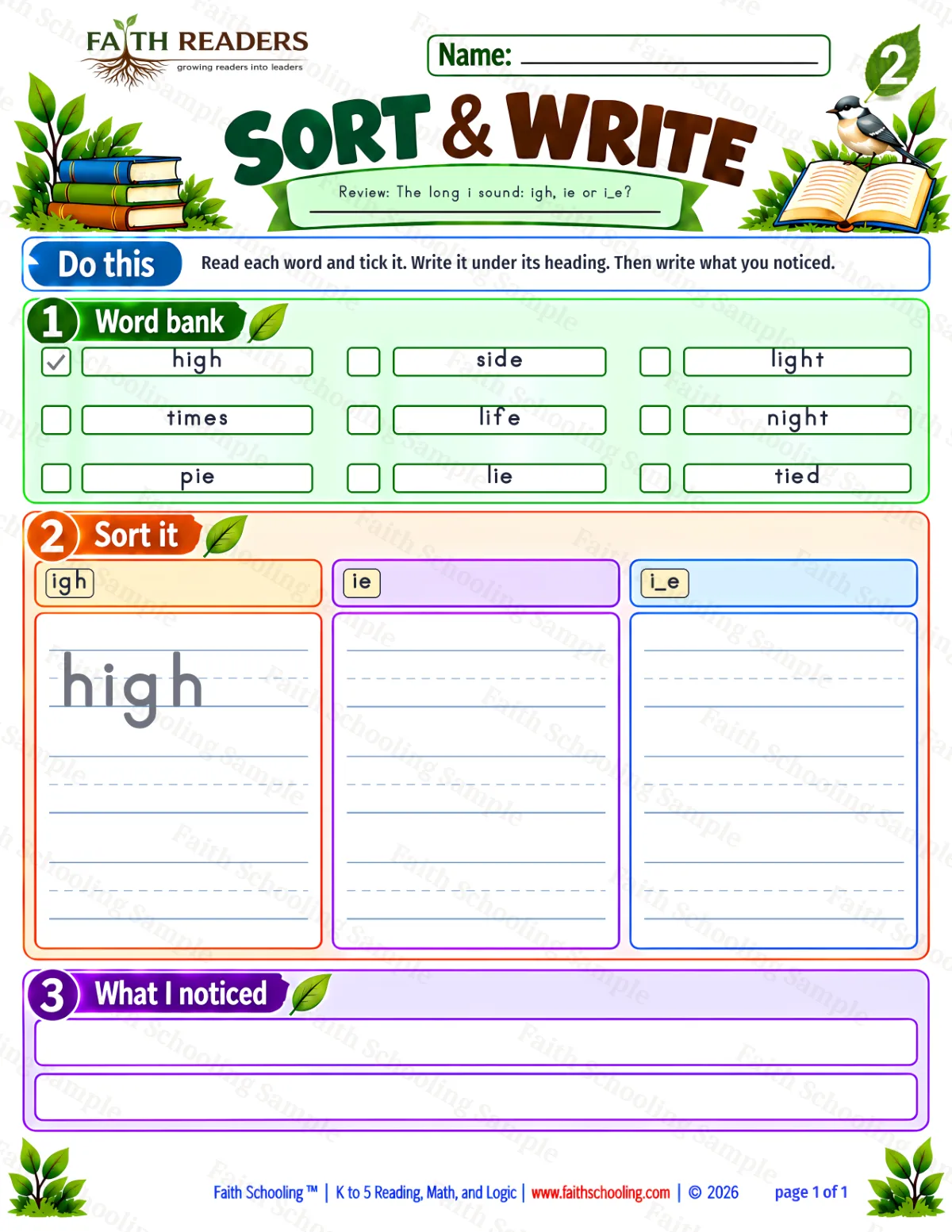2nd Grade phonics worksheet — Sort And Write 1: Long I — igh (free printable)