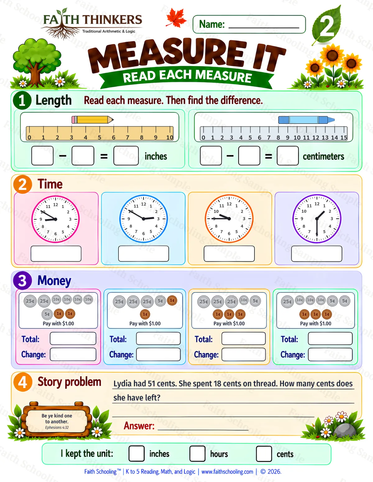 2nd Grade math worksheet — Measurement Practice 1 (free printable)