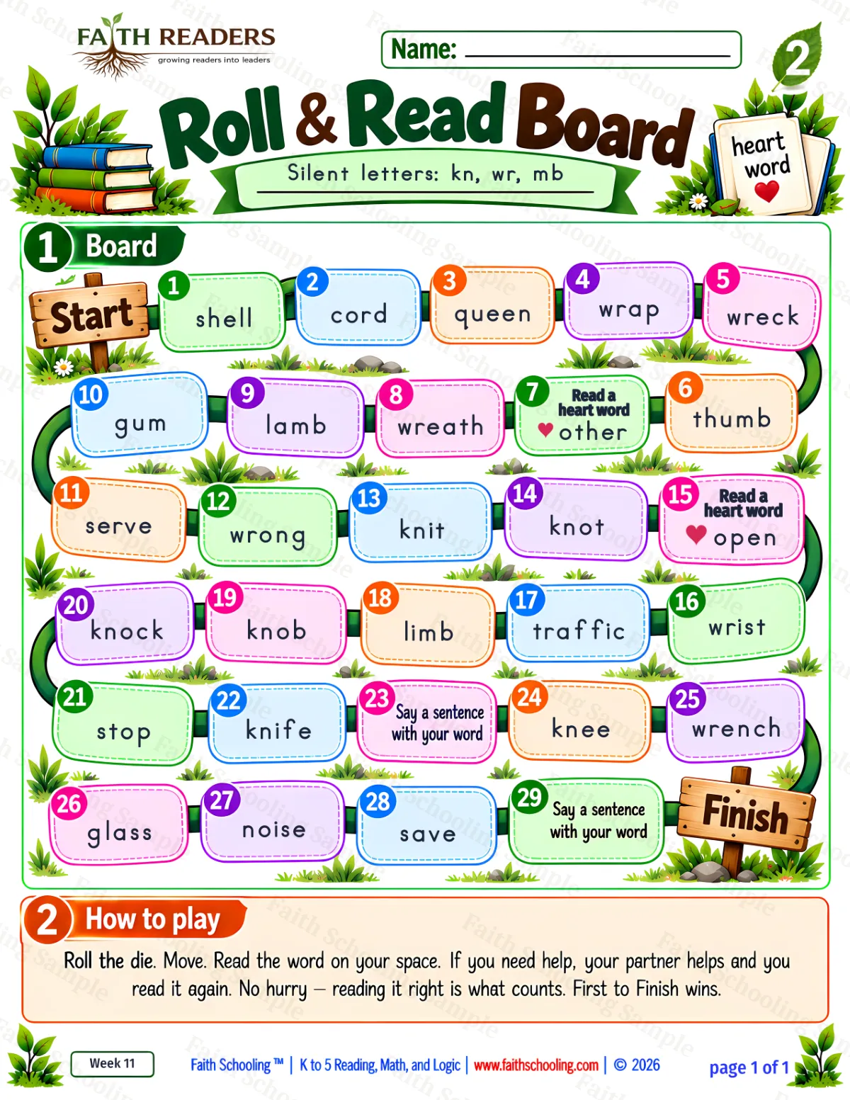 2nd Grade phonics worksheet — Missing & Hidden Letters. Roll And Read 1: Silent letters, kn, wr, mb (free printable)