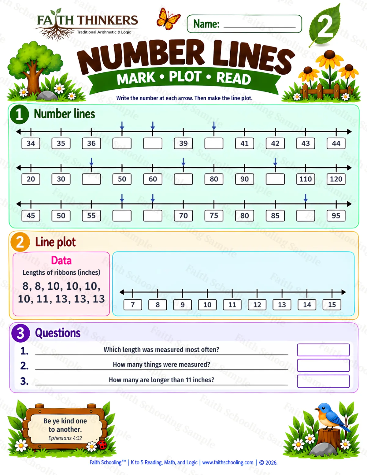 2nd Grade math worksheet — Number Lines Practice 3 (free printable)