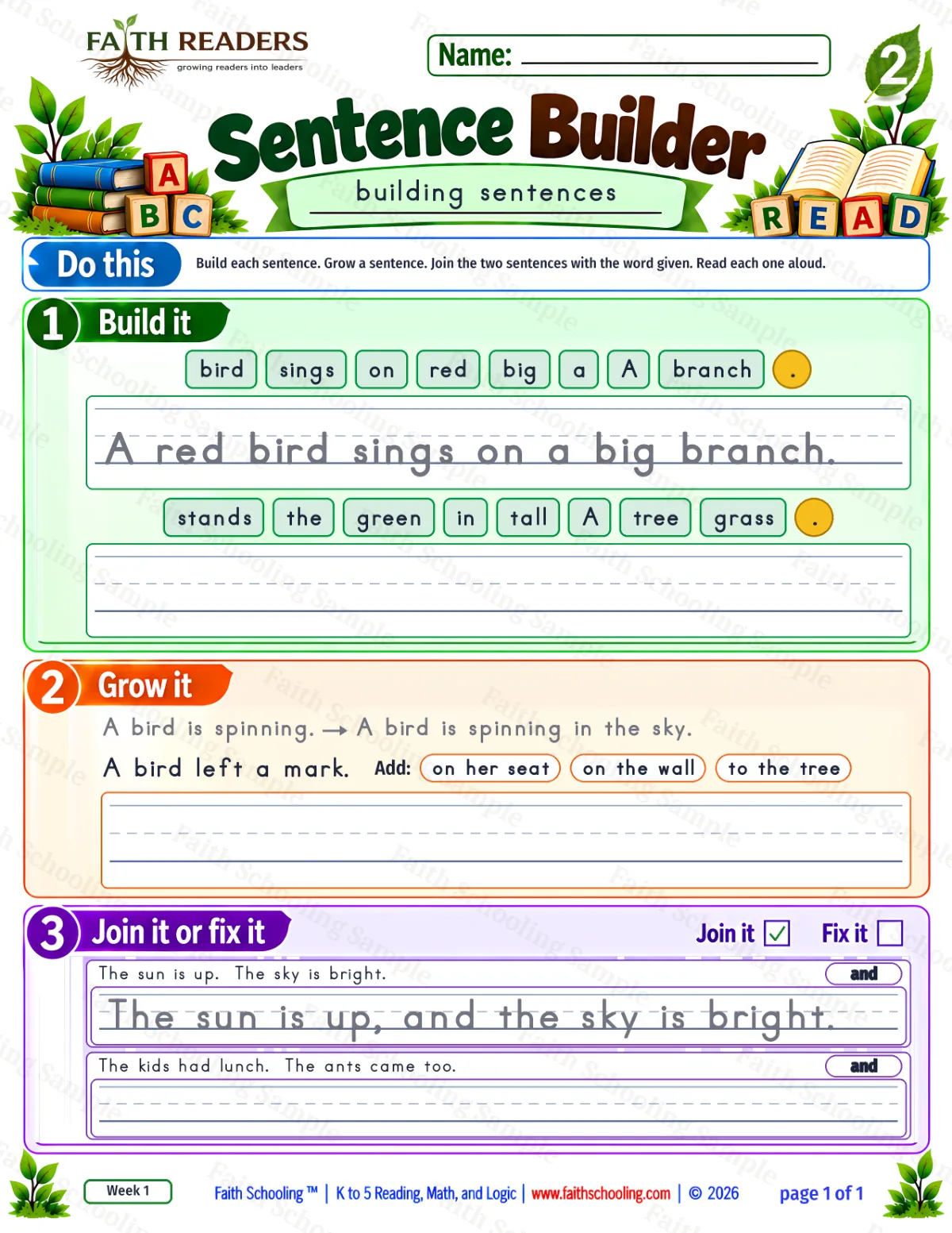 2nd Grade grammar & writing worksheet — Sentence Building. Sentence Builder 1: A red bird sings on a big branch. (free printable)