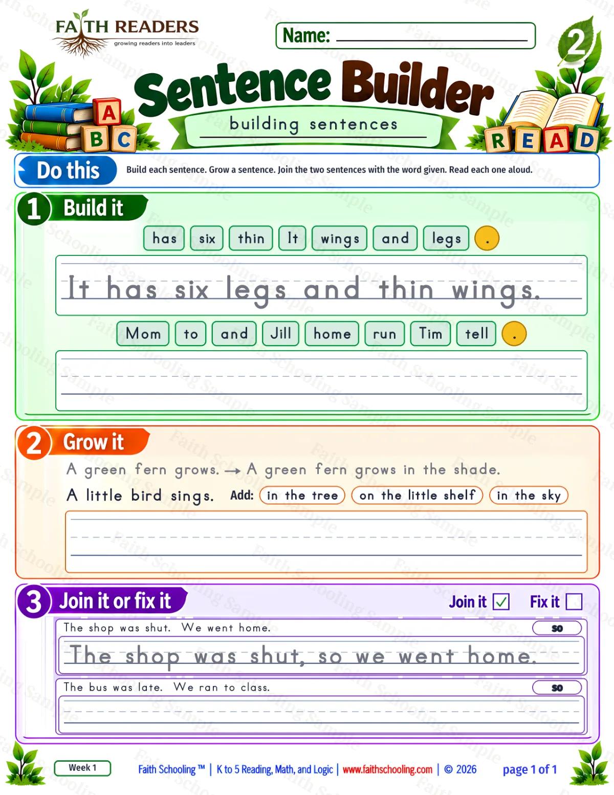 2nd Grade grammar & writing worksheet — Sentence Building. Sentence Builder 2: It has six legs and thin wings. (free printable)