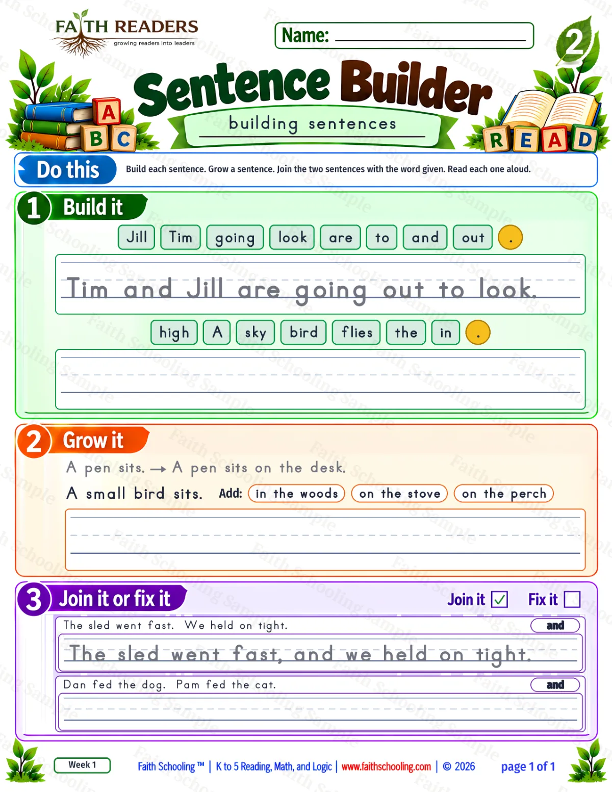 2nd Grade grammar & writing worksheet — Sentence Building. Sentence Builder 3: Tim and Jill are going out to look. (free printable)