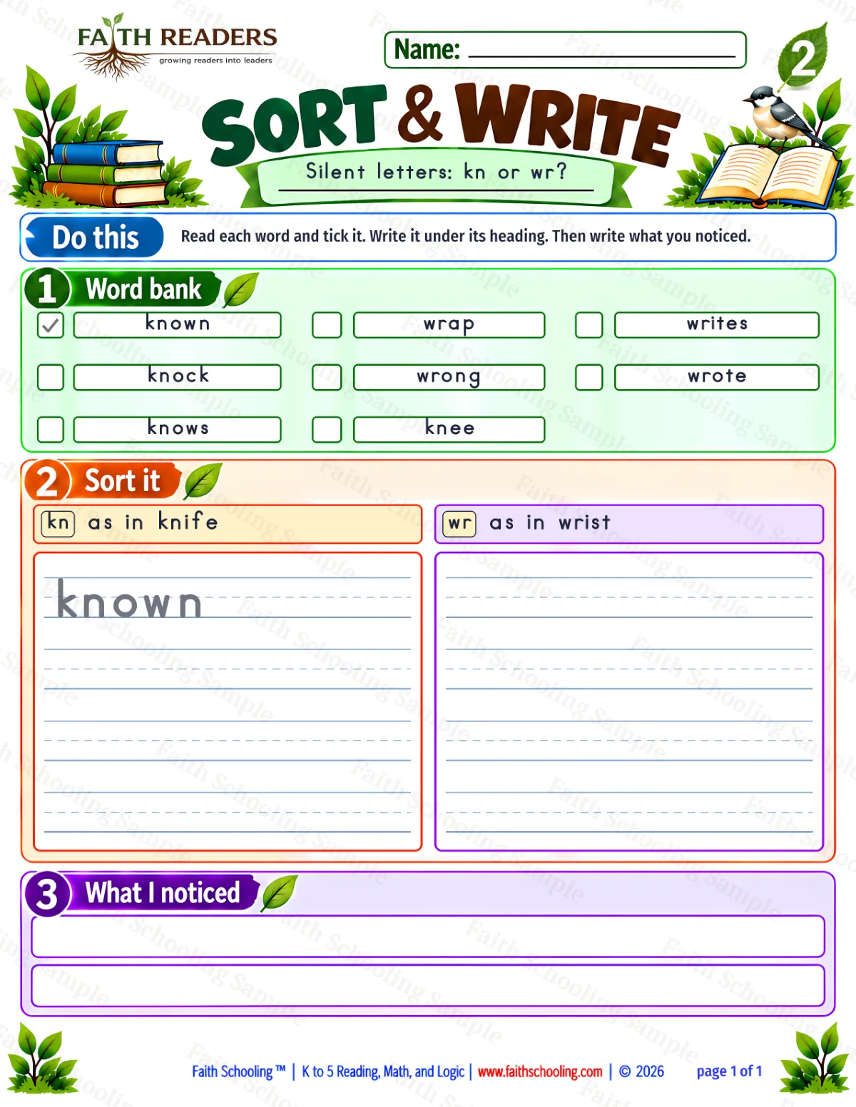 2nd Grade phonics worksheet — Sort And Write 1: kn and wr (free printable)
