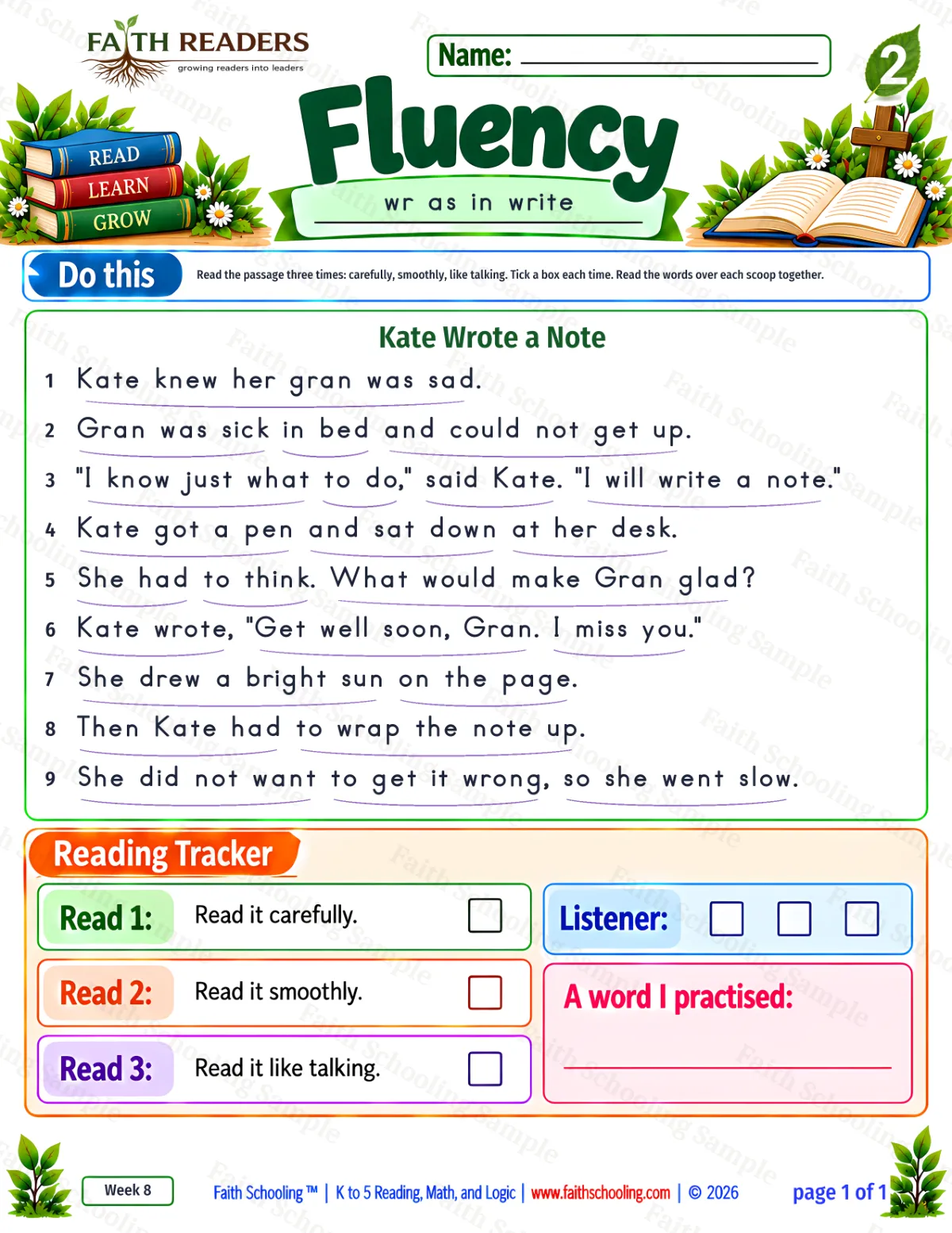 2nd Grade phonics worksheet — Silent Letters kn and wr. Fluency 1: Kate knew her gran was sad. (free printable)