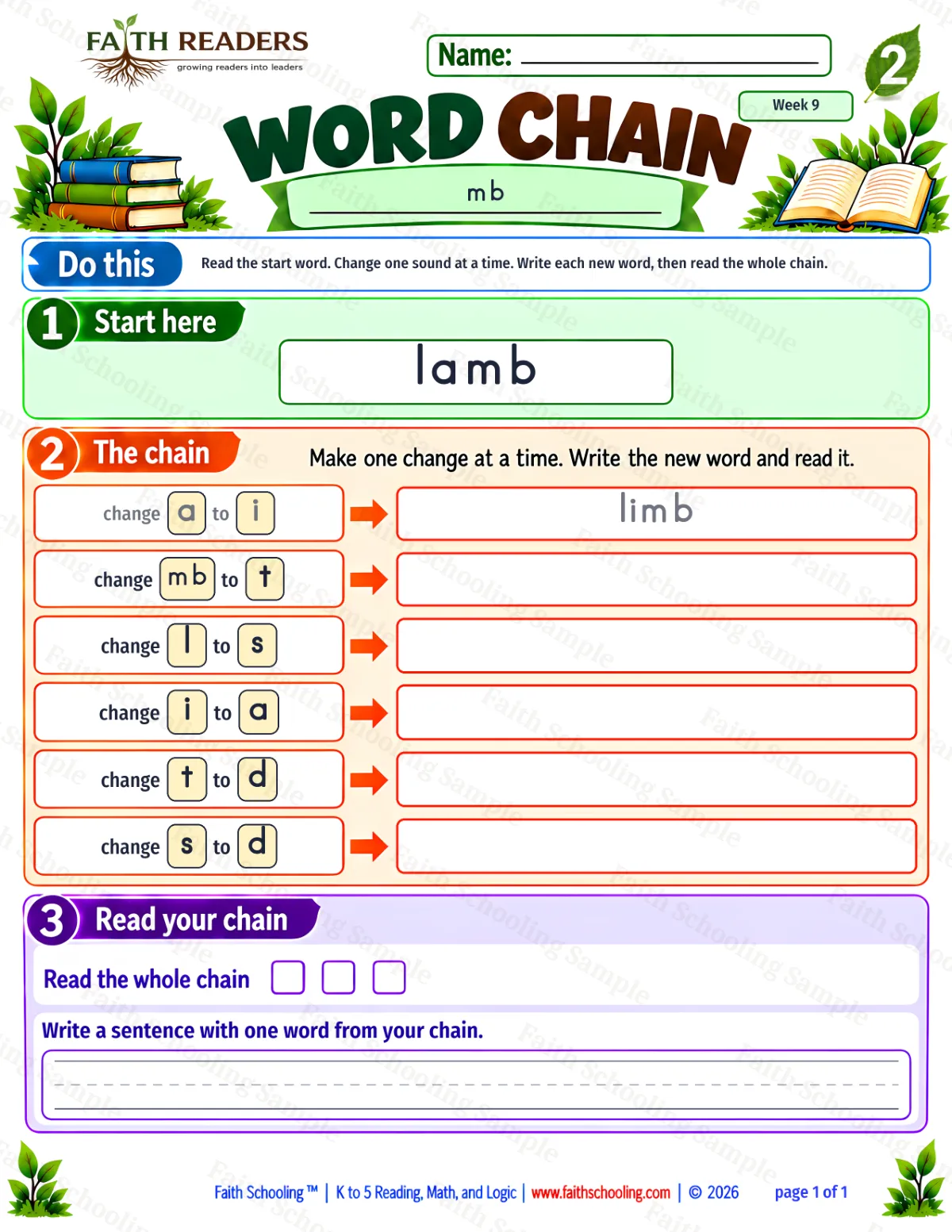 2nd Grade phonics worksheet — Silent Letters: mb. Word Chain 1: lamb to dad (free printable)