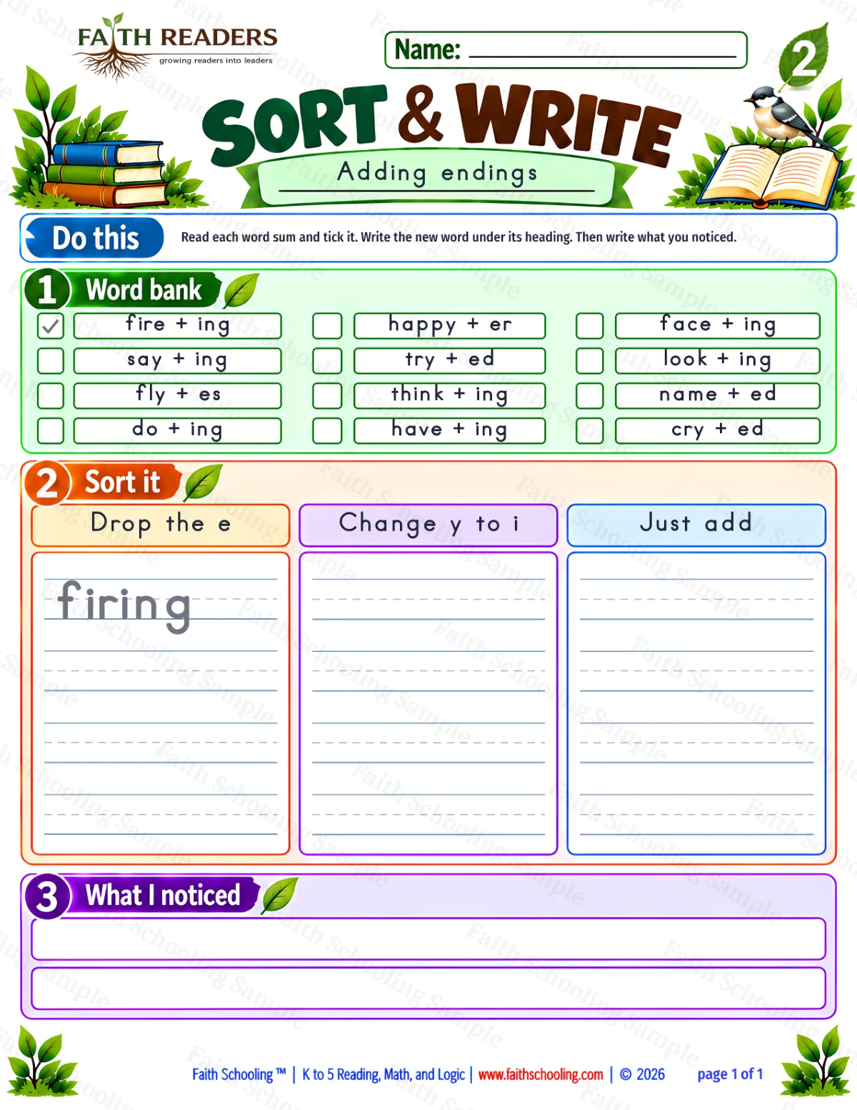 2nd Grade vocabulary & word study worksheet — Sort And Write 1: drop-e, y-to-i (free printable)