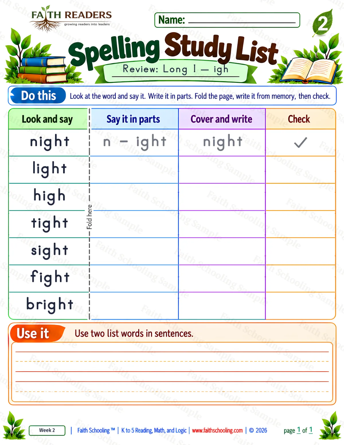 2nd Grade phonics worksheet — Spelling Study List 1: Long I — igh (free printable)