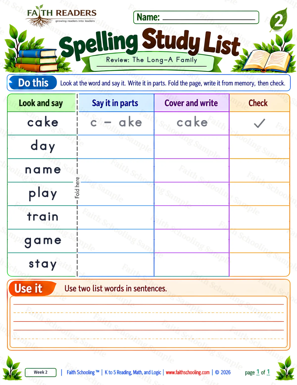 2nd Grade phonics worksheet — Spelling Study List 3: The Long-A Family (free printable)