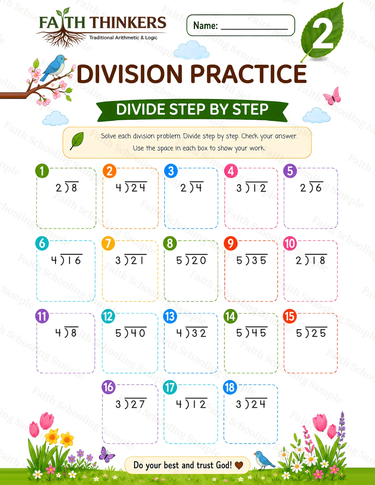 2nd Grade math worksheet — Spring Division Practice 2 (free printable)