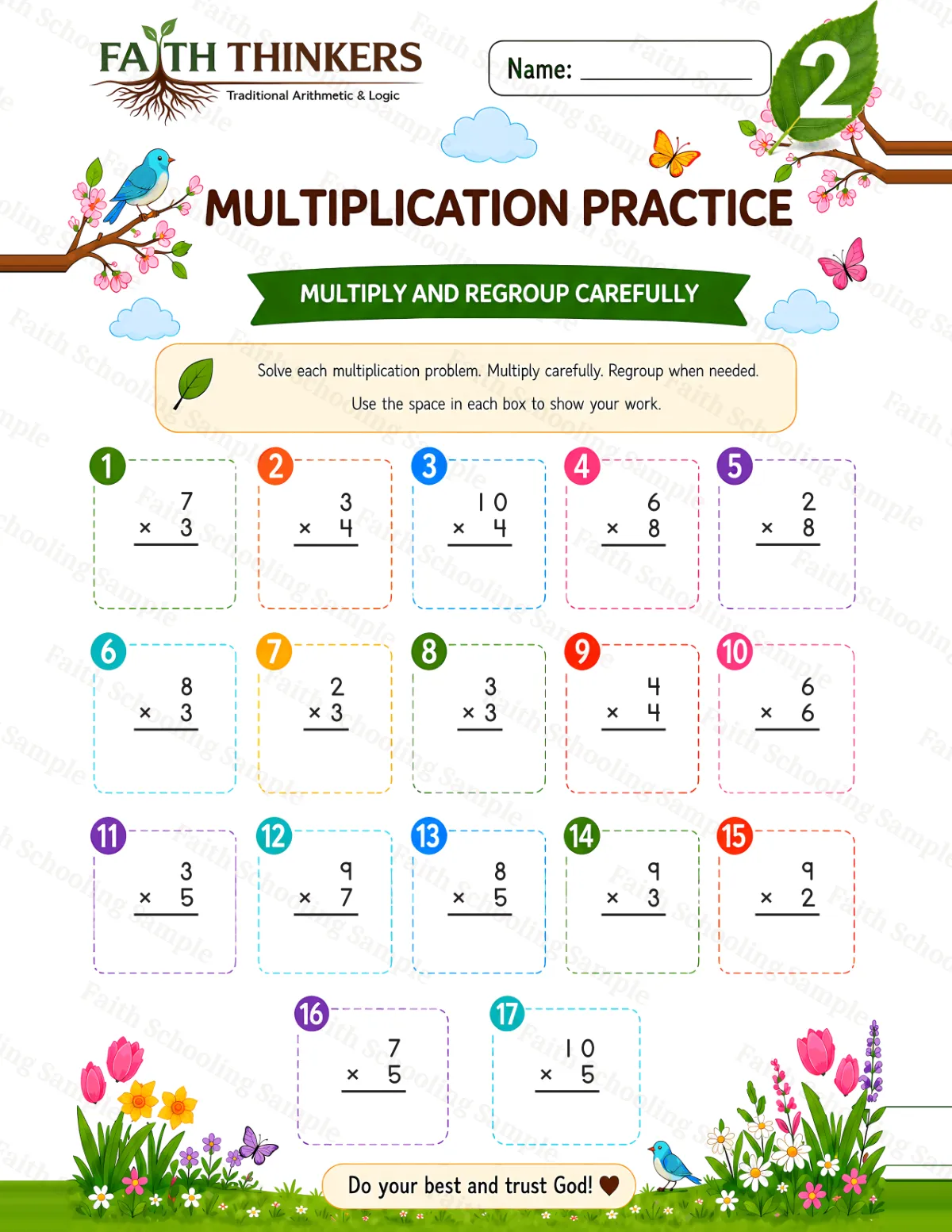 2nd Grade math worksheet — Spring Multiplication Practice 1 (free printable)