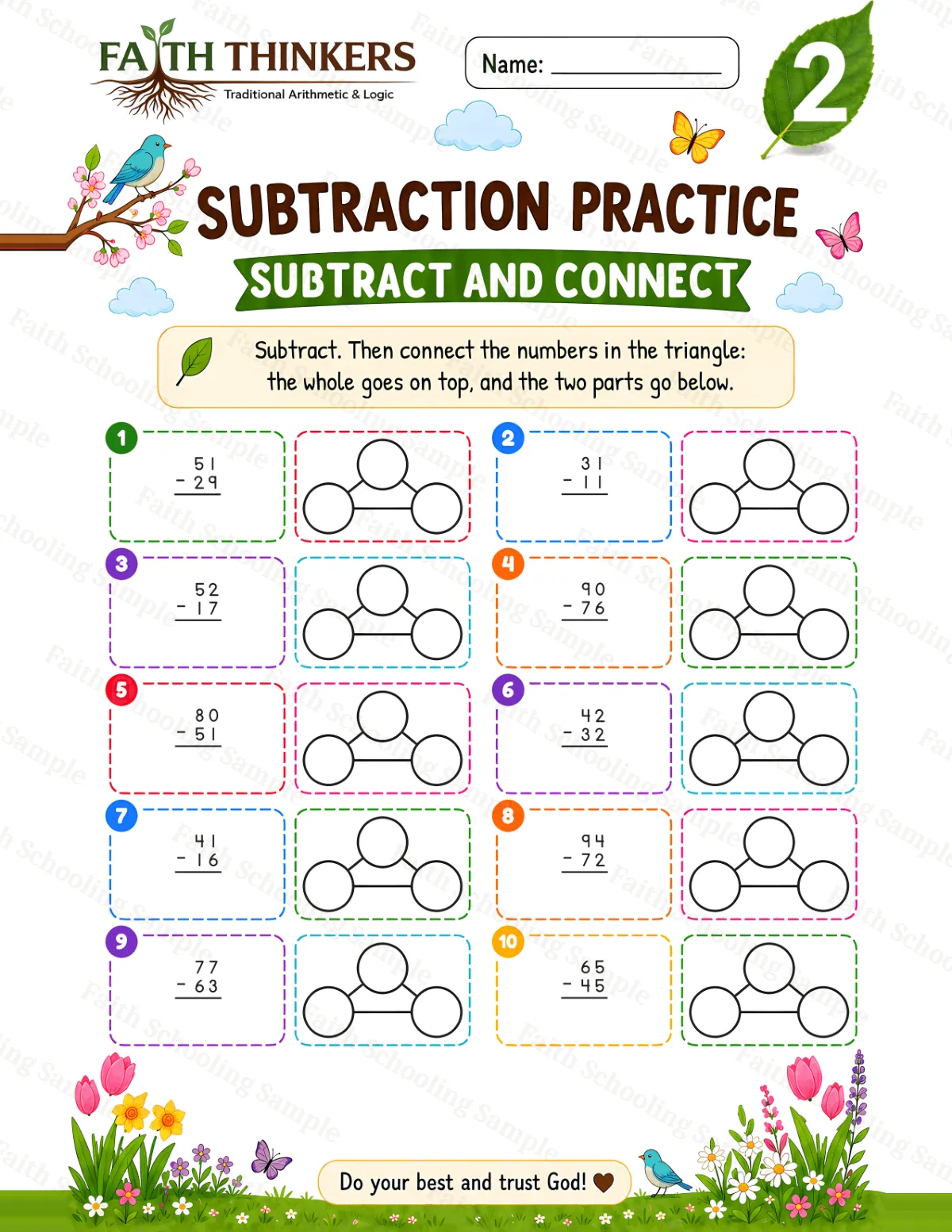 2nd Grade math worksheet — Spring Subtract And Connect Practice 1 (free printable)