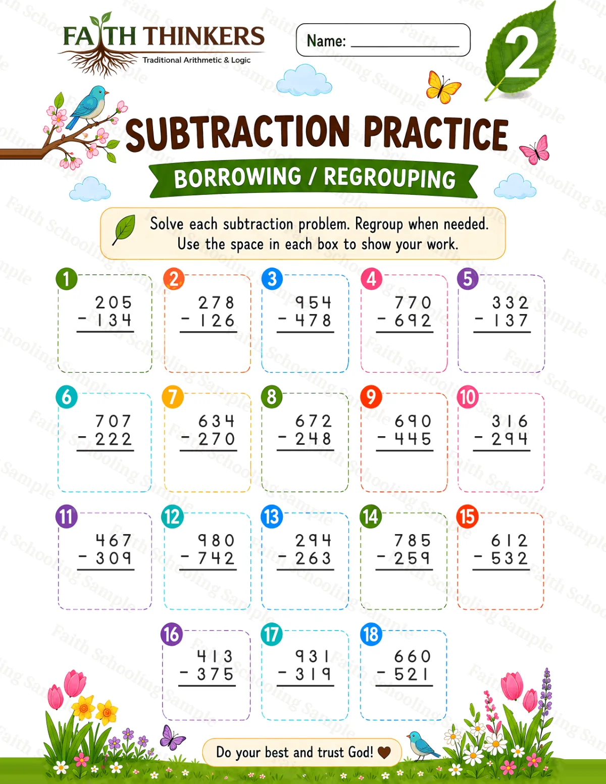 2nd Grade math worksheet — Spring Subtraction Practice 1 (free printable)
