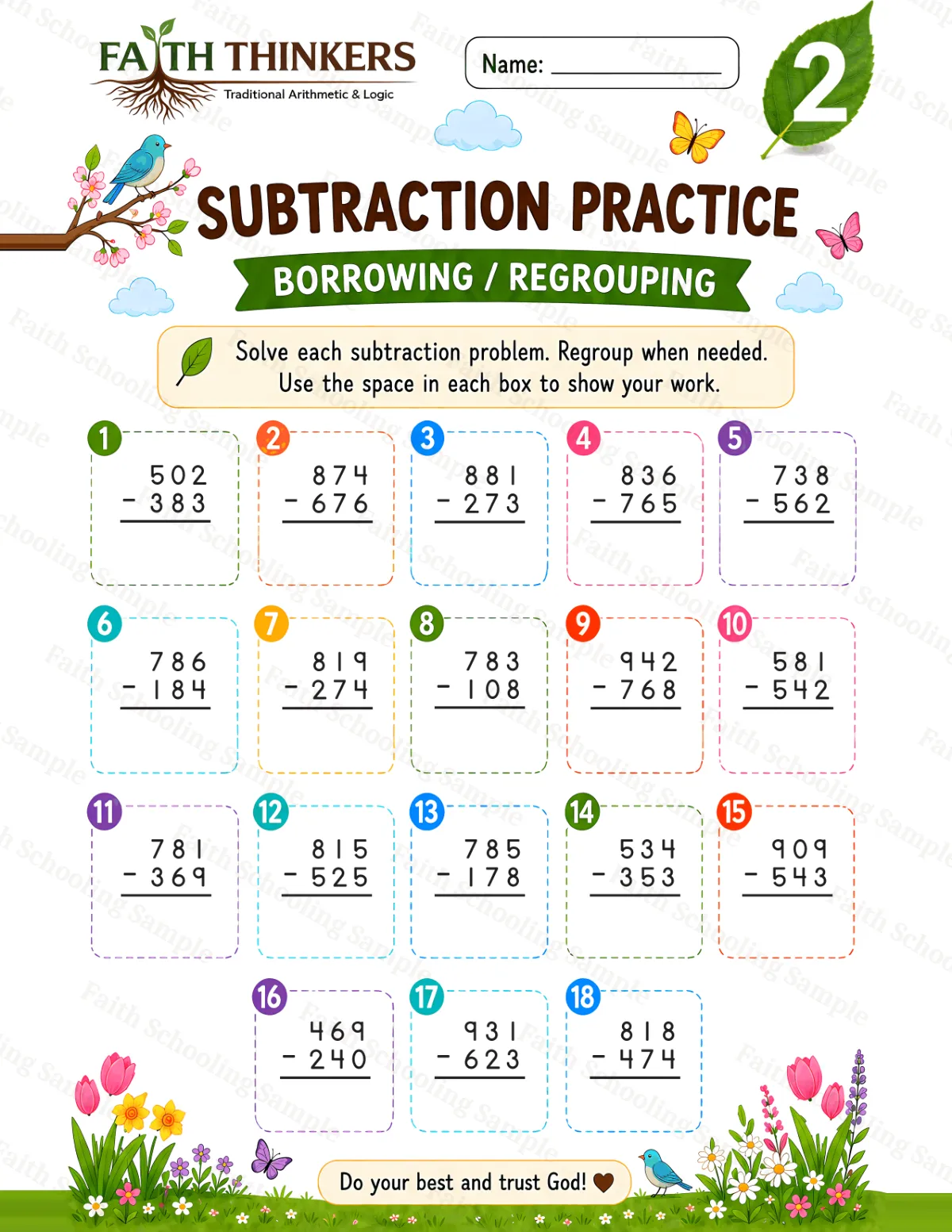 2nd Grade math worksheet — Spring Subtraction Practice 2 (free printable)