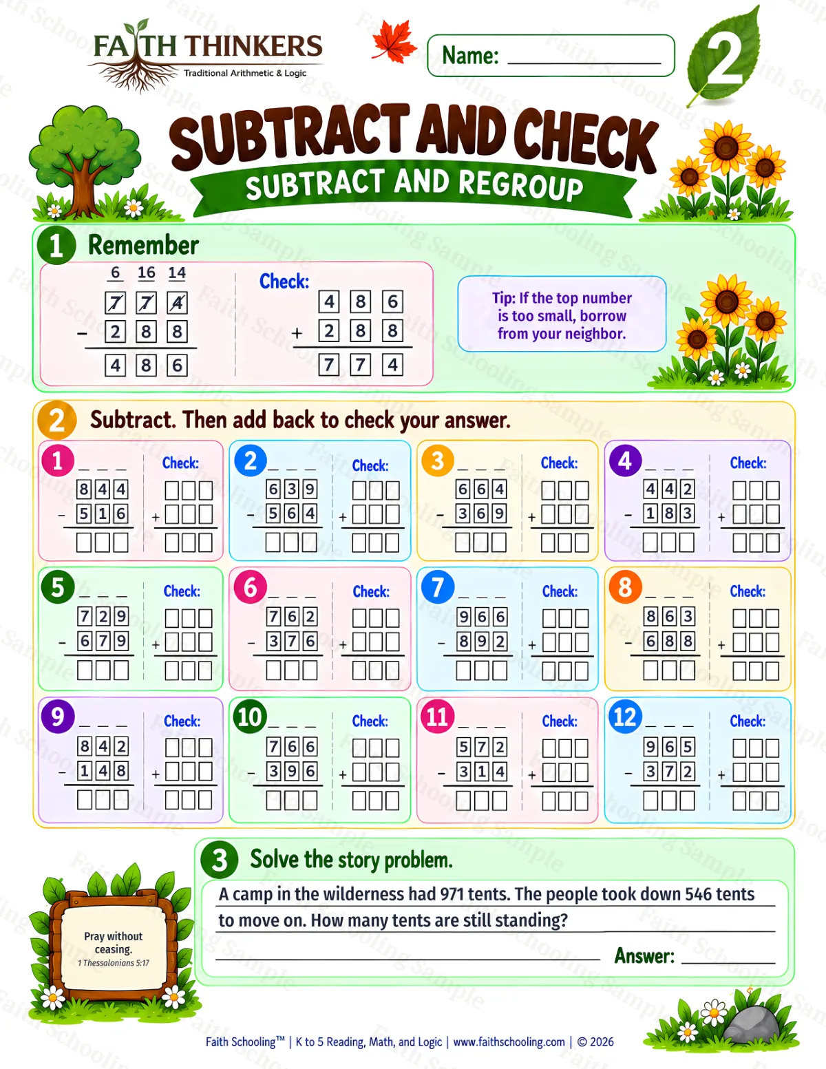 2nd Grade math worksheet — Subtraction with Regrouping Practice 3 (free printable)