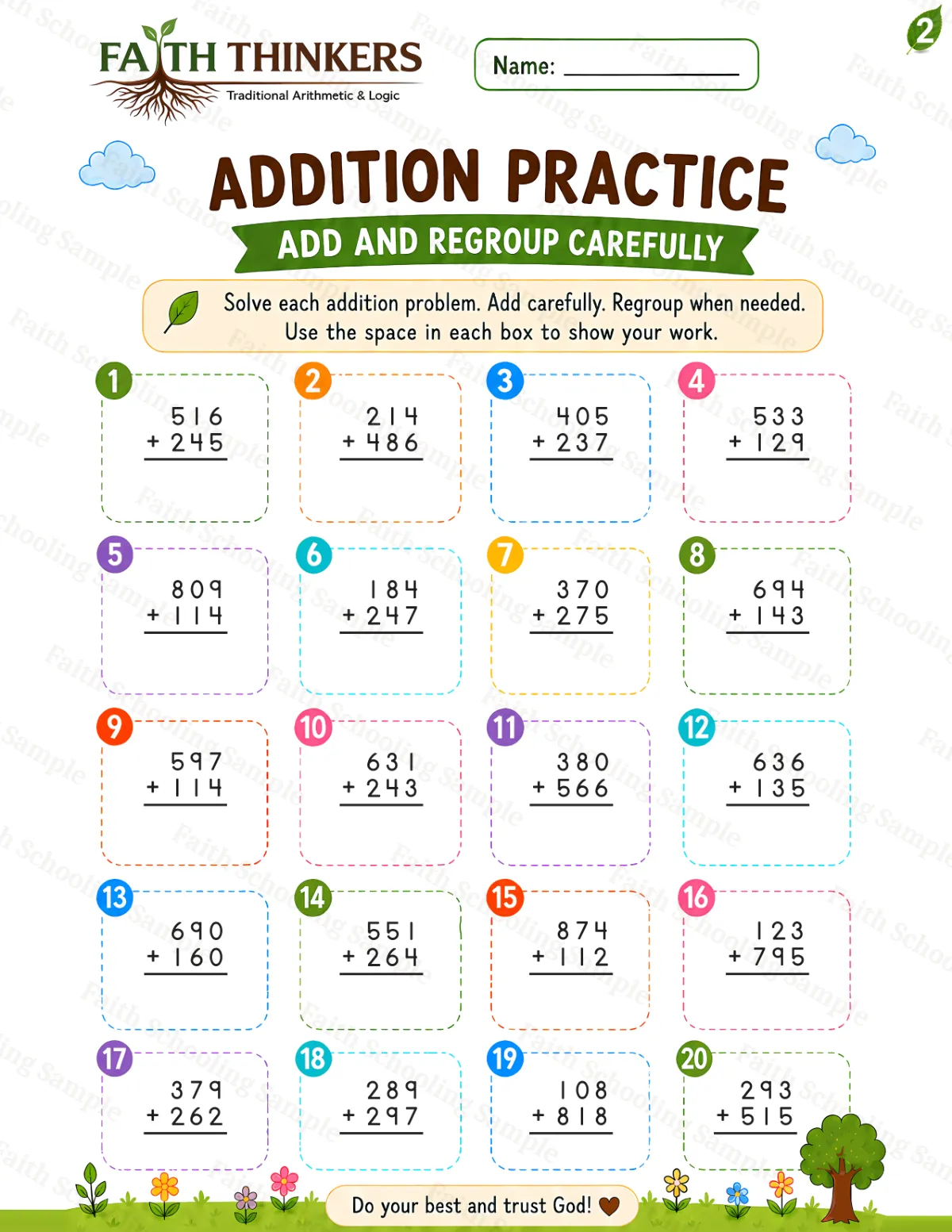 2nd Grade math worksheet — Summer Addition Practice 1 (free printable)