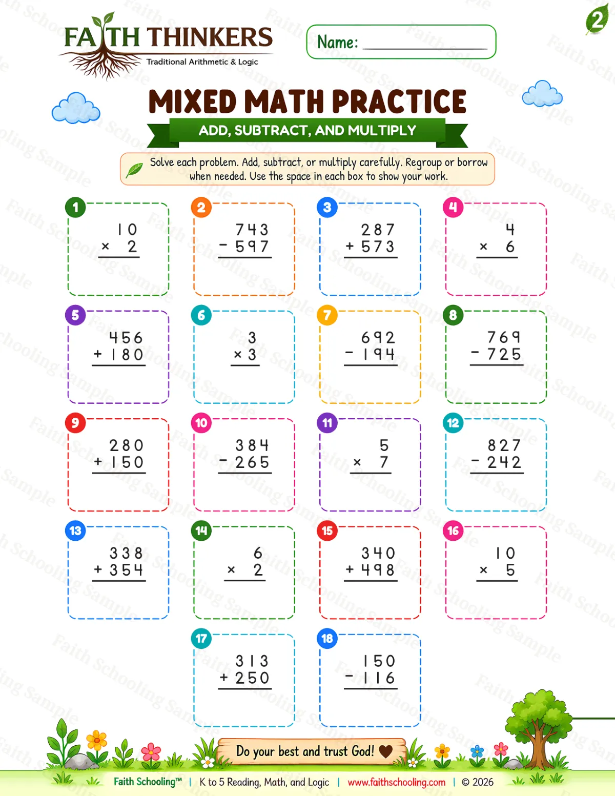 2nd Grade math worksheet — Summer Mixed Practice 1 (free printable)