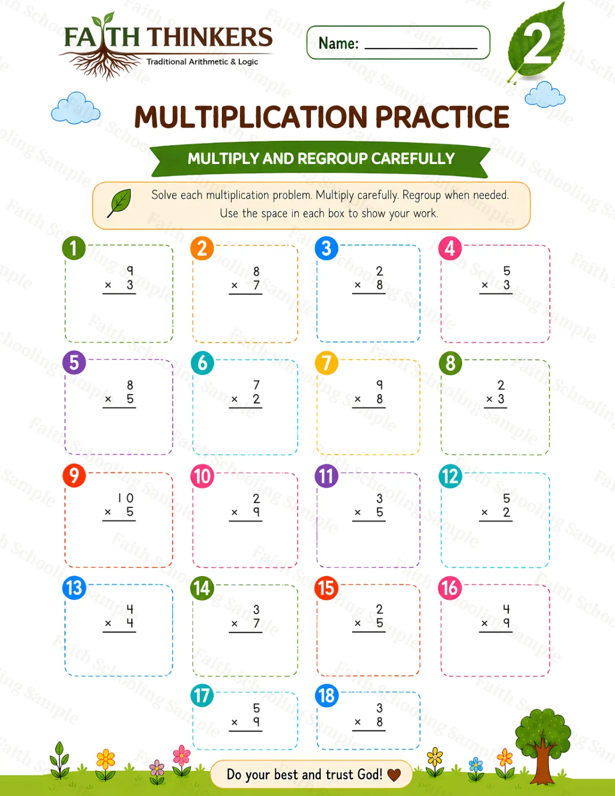 2nd Grade math worksheet — Summer Multiplication Practice 1 (free printable)