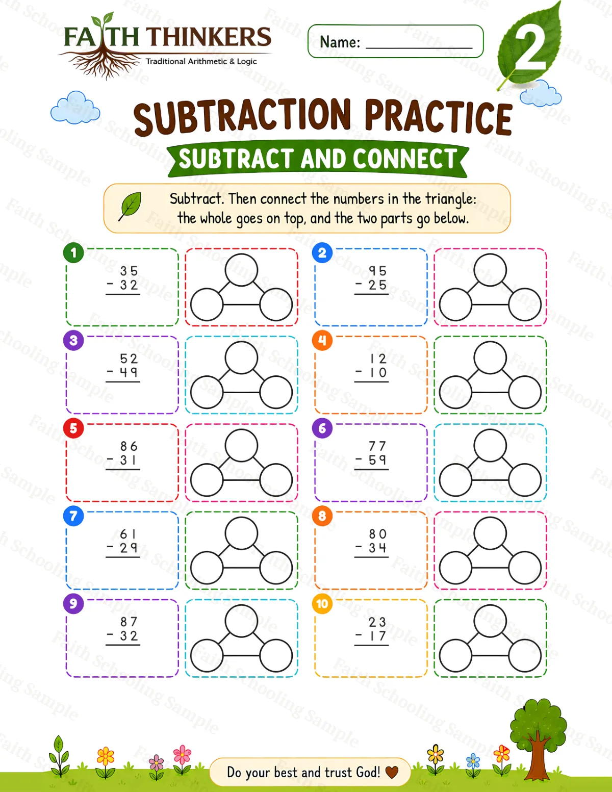 2nd Grade math worksheet — Summer Subtract And Connect Practice 2 (free printable)