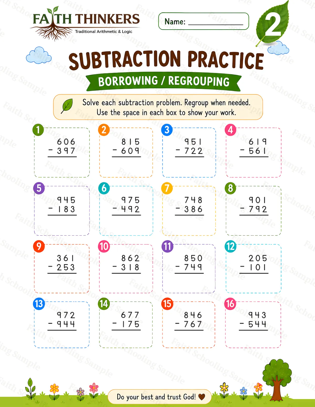 2nd Grade math worksheet — Summer Subtraction Practice 2 (free printable)