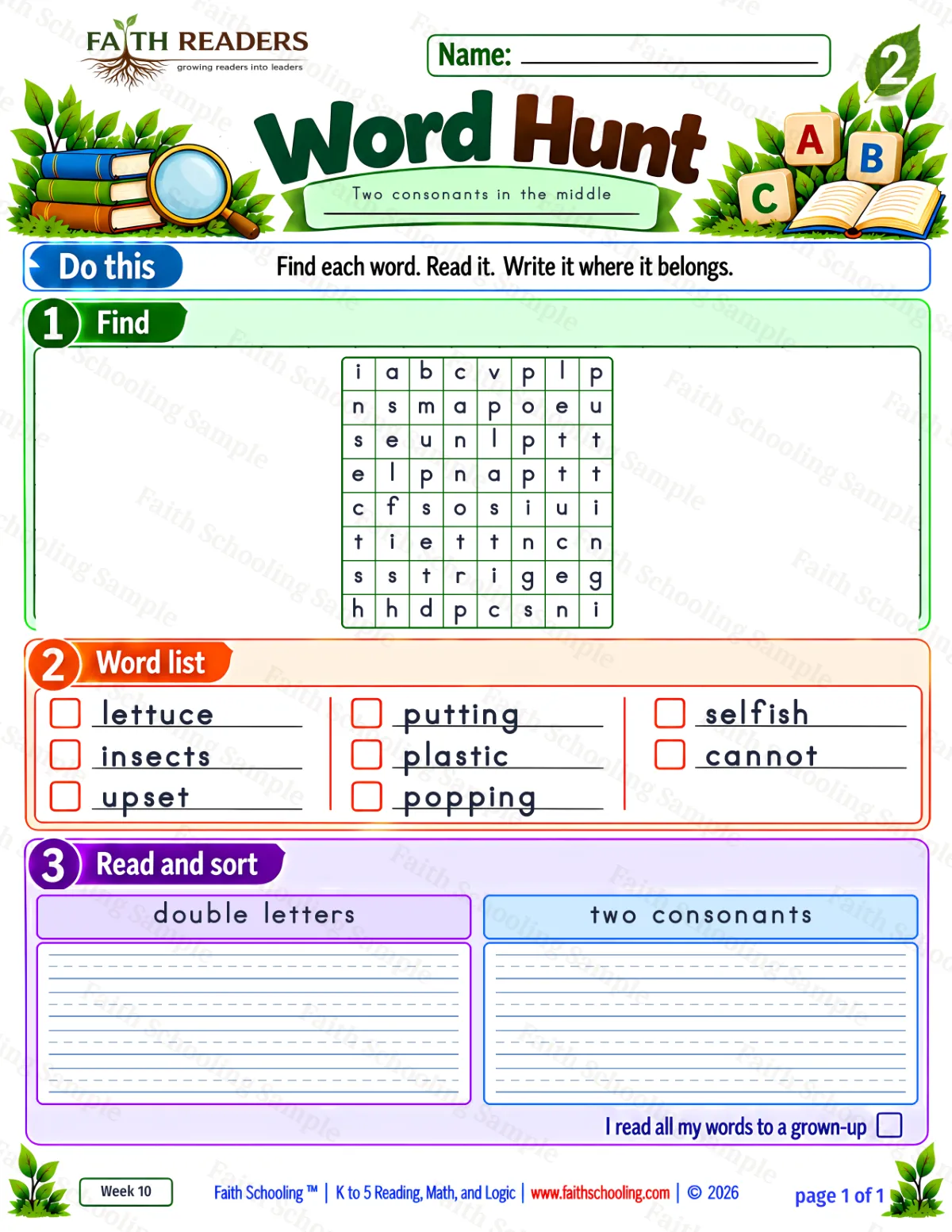 2nd Grade phonics worksheet — Syllable Types and Dividing Words. Word Hunt 1: vccv-double and vccv-two (free printable)