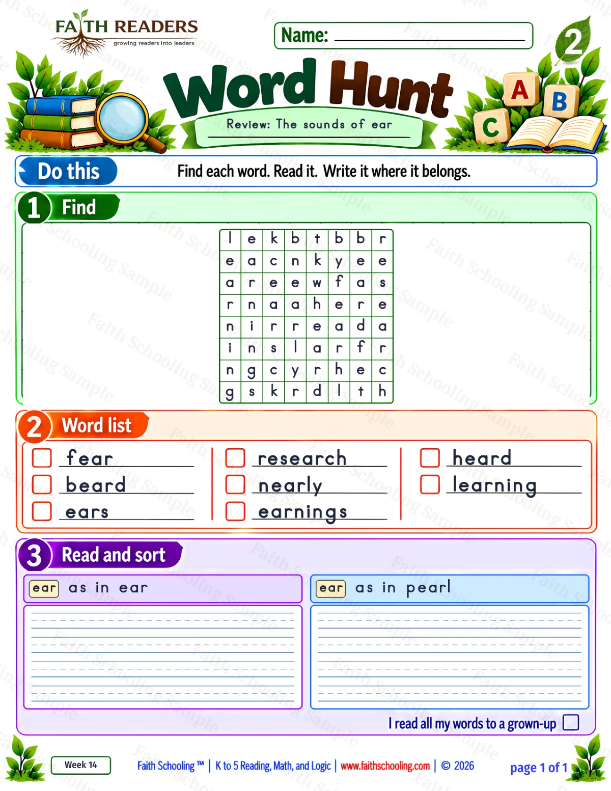 2nd Grade phonics worksheet — Word Hunt 1: The EAR Sound (free printable)
