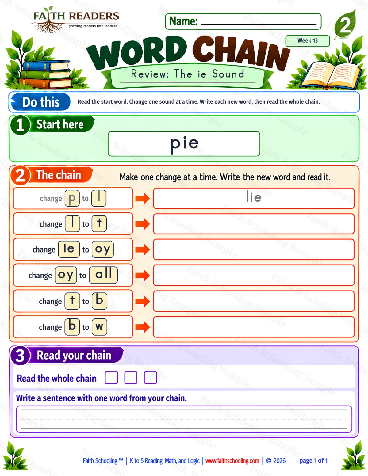 2nd Grade phonics worksheet — The IE Sound. Word Chain 1: pie to wall (free printable)