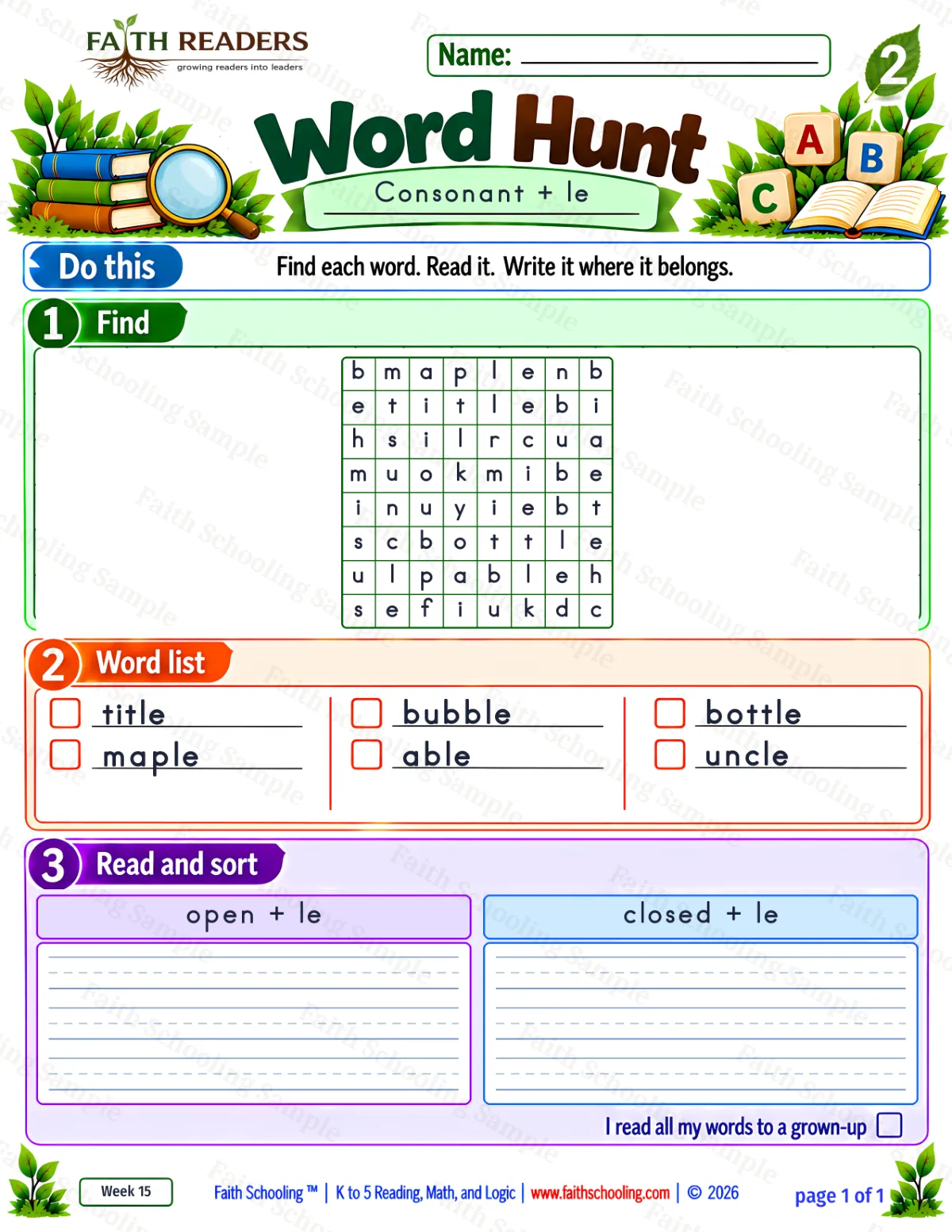 2nd Grade phonics worksheet — The -le Ending. Word Hunt 1: cle-open and cle-closed (free printable)