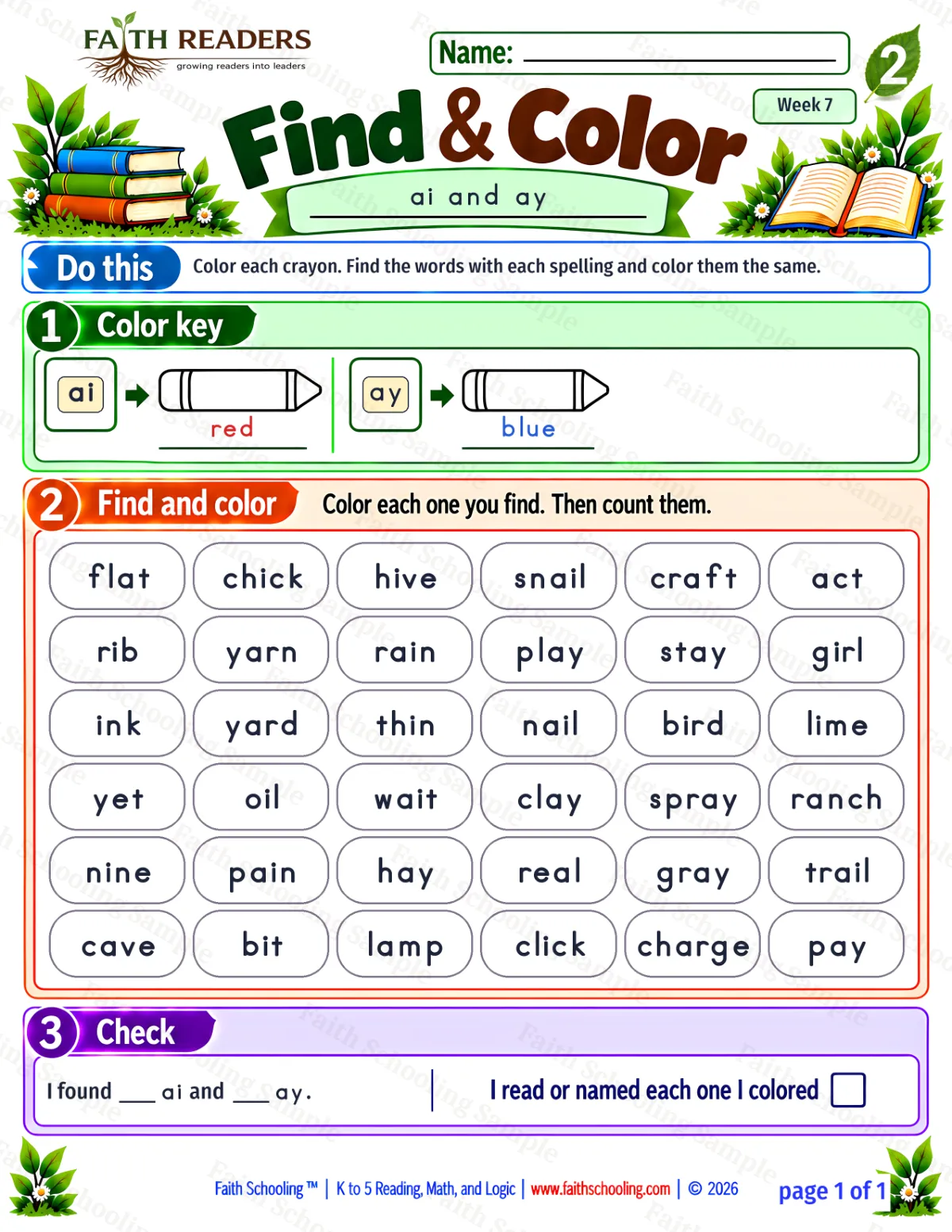 2nd Grade phonics worksheet — Vowel Sounds. Find And Color 1: ai and ay (free printable)