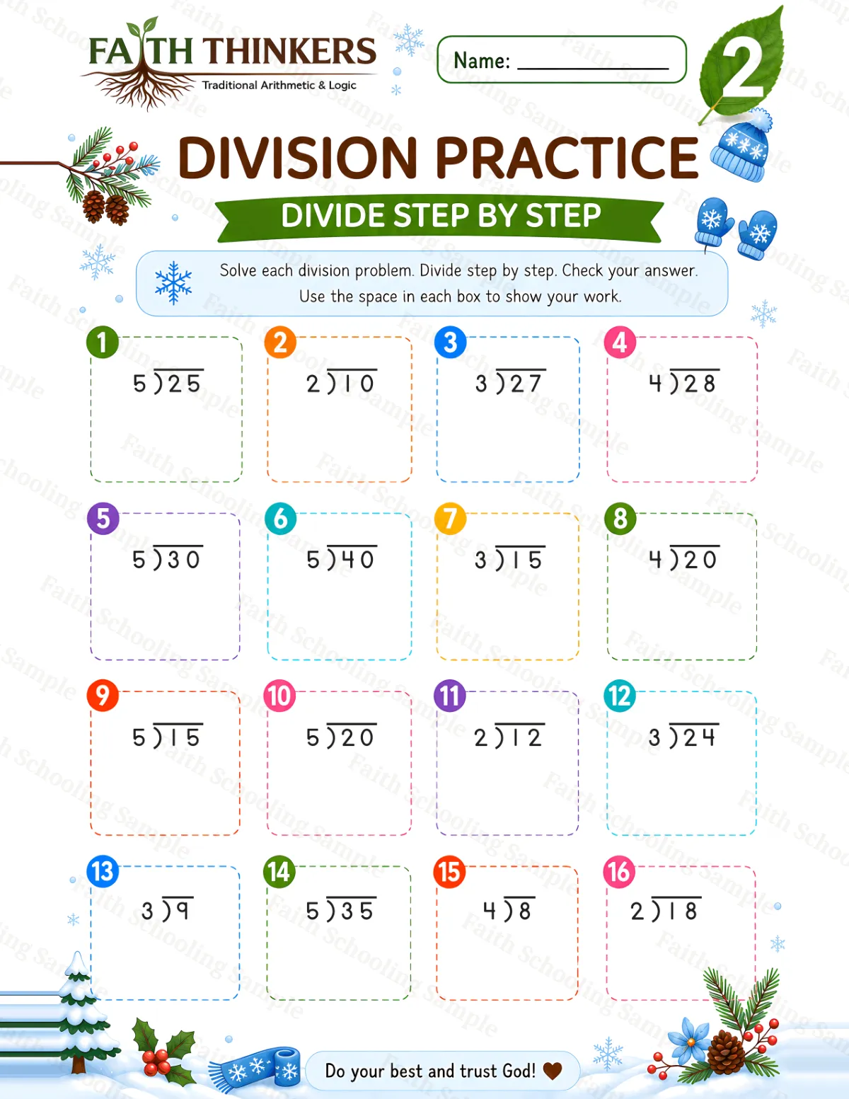 2nd Grade math worksheet — Winter Division Practice 1 (free printable)