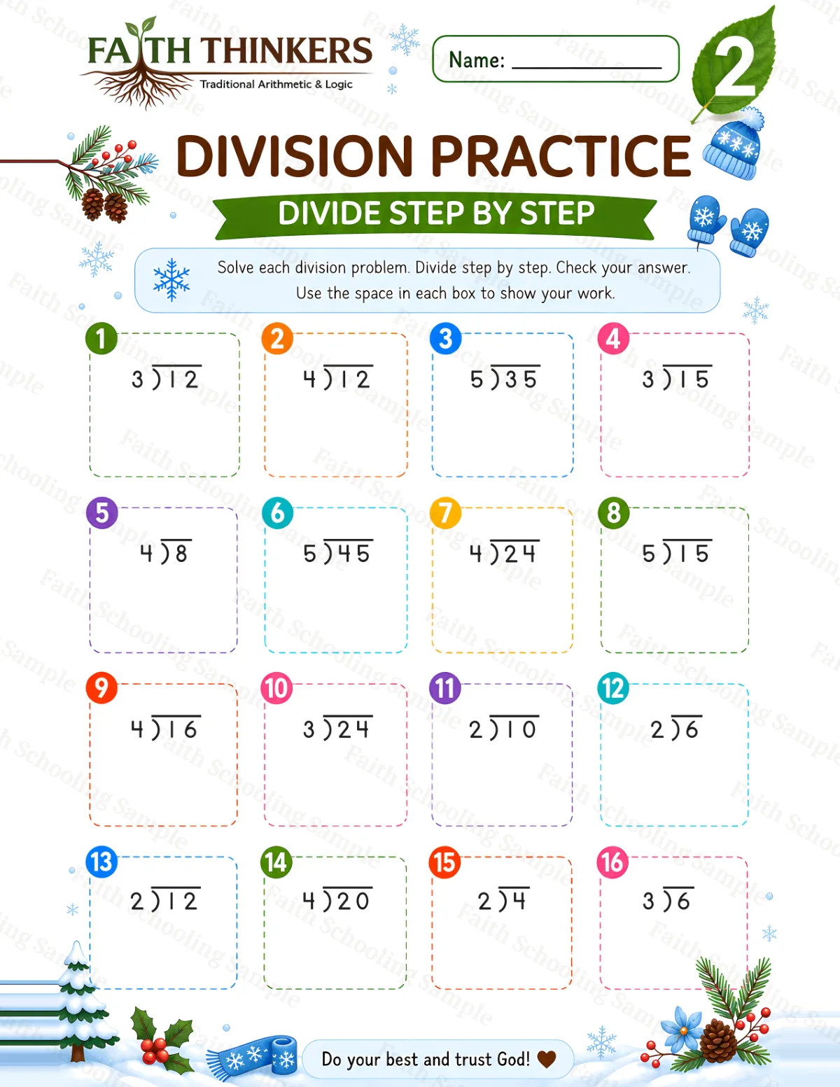 2nd Grade math worksheet — Winter Division Practice 3 (free printable)