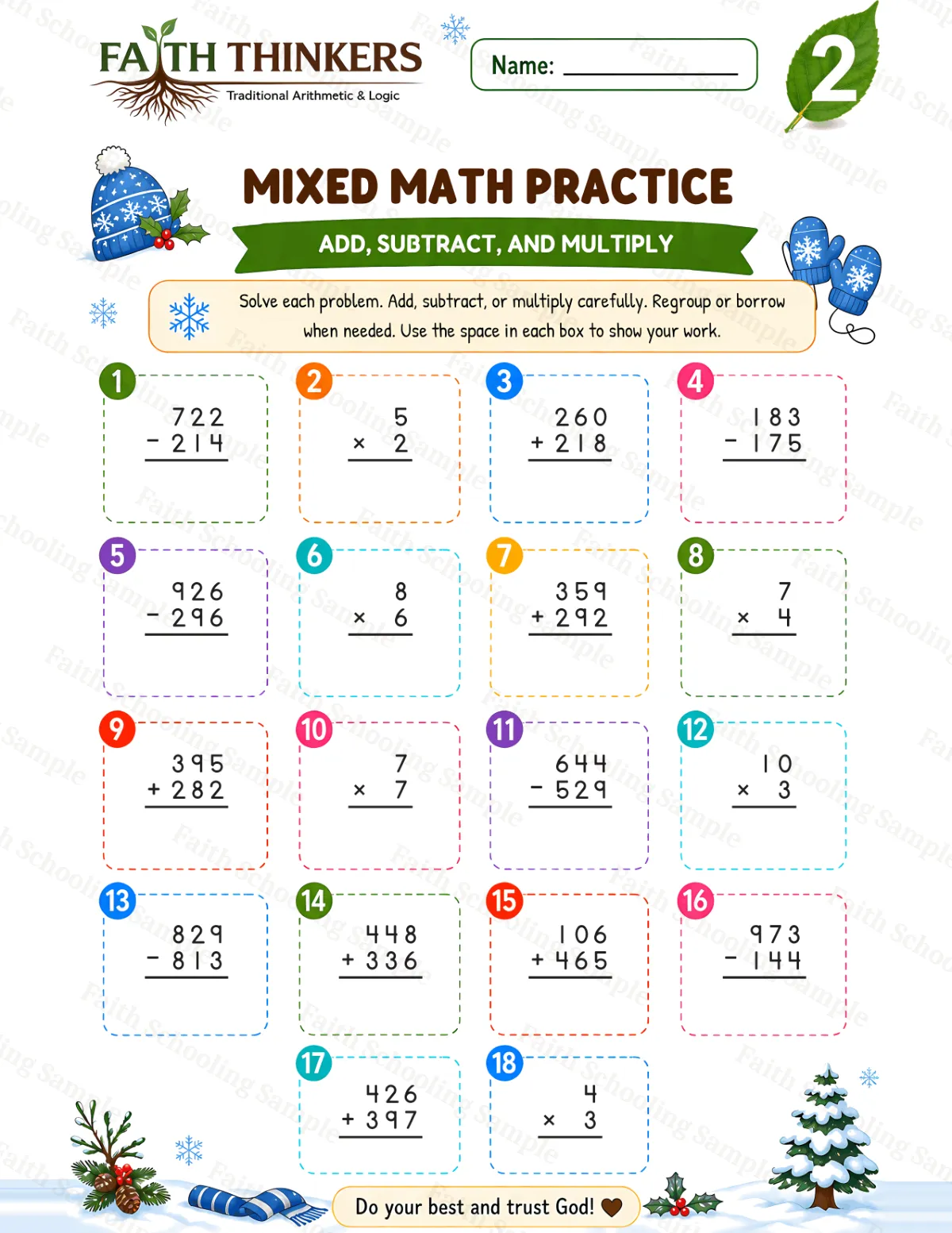 2nd Grade math worksheet — Winter Mixed Practice 1 (free printable)