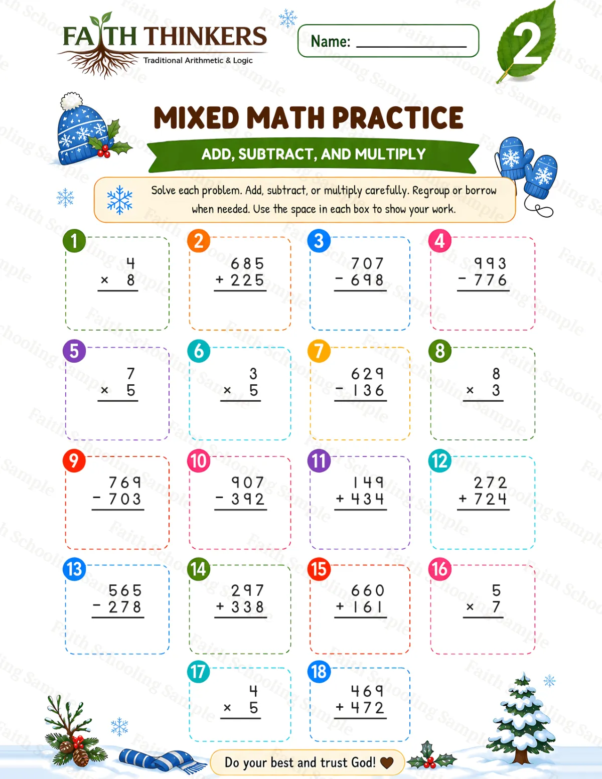 2nd Grade math worksheet — Winter Mixed Practice 2 (free printable)