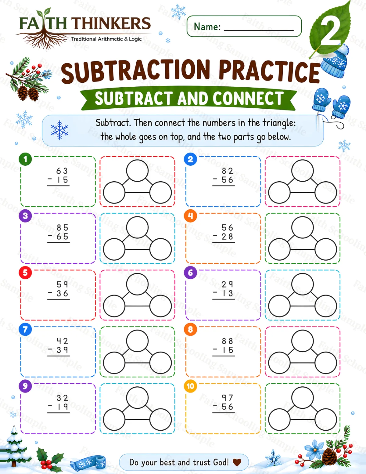 2nd Grade math worksheet — Winter Subtract And Connect Practice 1 (free printable)